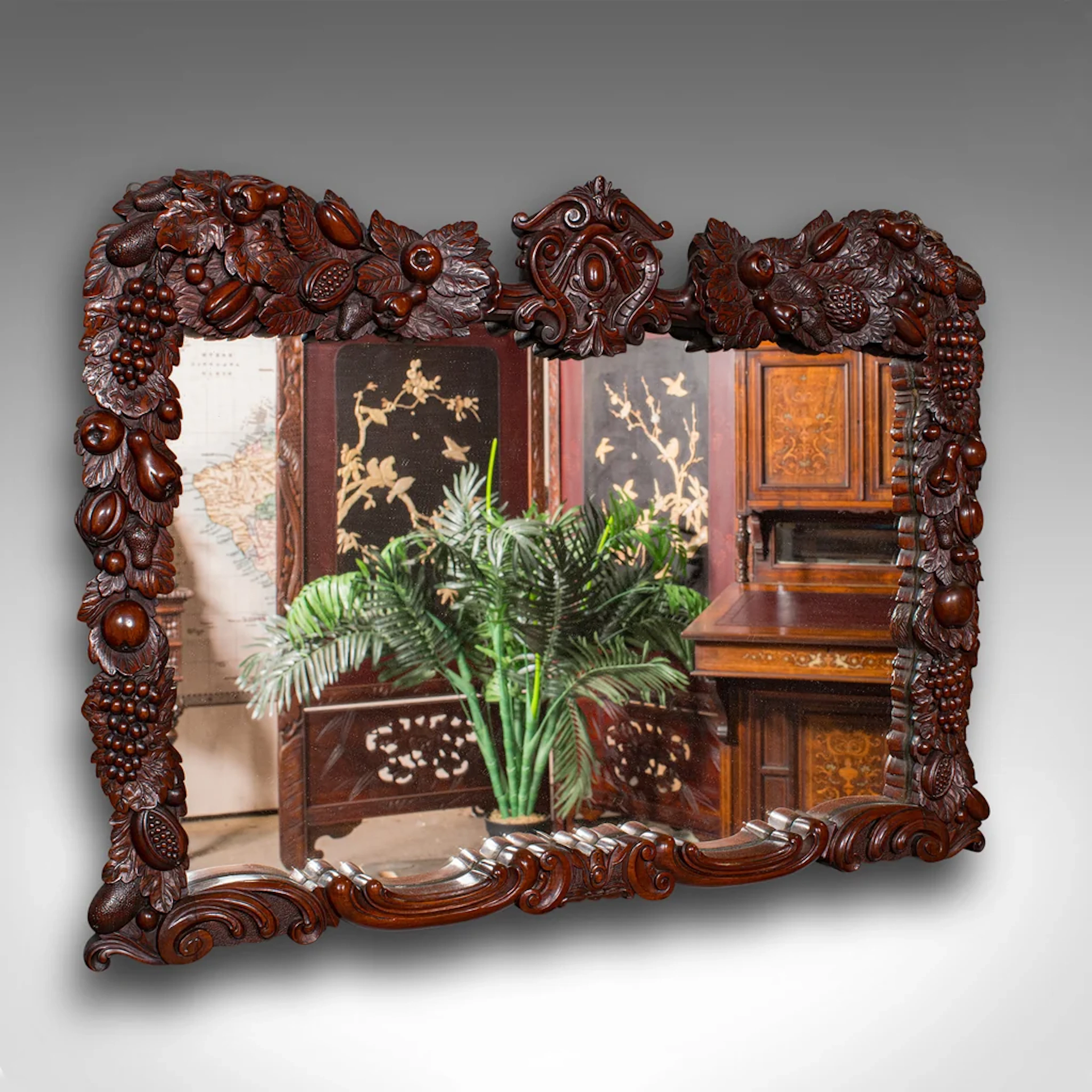 Antique Overmantle Mirror, English, Country House, Carved, Victorian