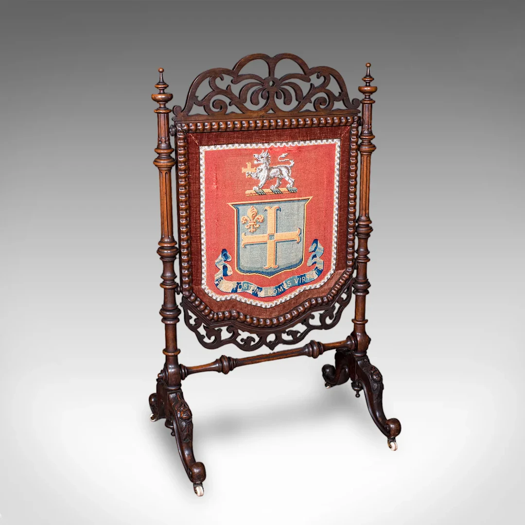 Antique Armorial Embroidered Panel Screen, Irish, Walnut, Needlepoint
