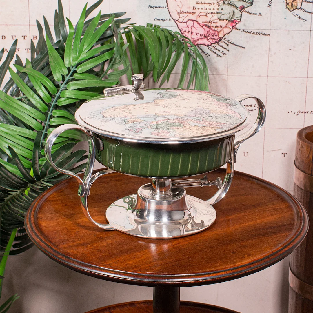 Antique Food Warmer, English Ceramic, Silver Plate, Chafing Heat Dish