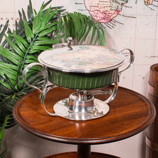 Antique Food Warmer, English Ceramic, Silver Plate, Chafing Heat Dish