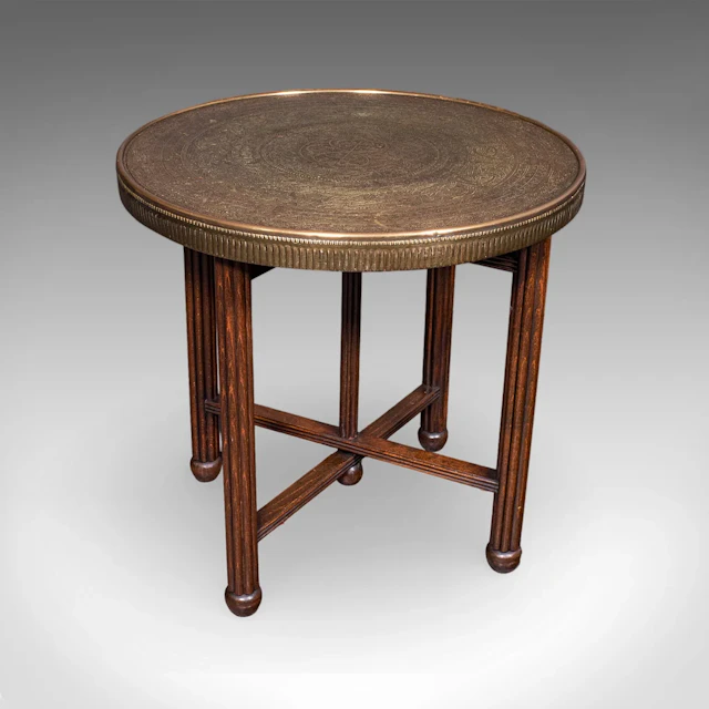 Vintage Campaign Table, Middle Eastern, Beech, Brass, Berber, Folding, Art Deco