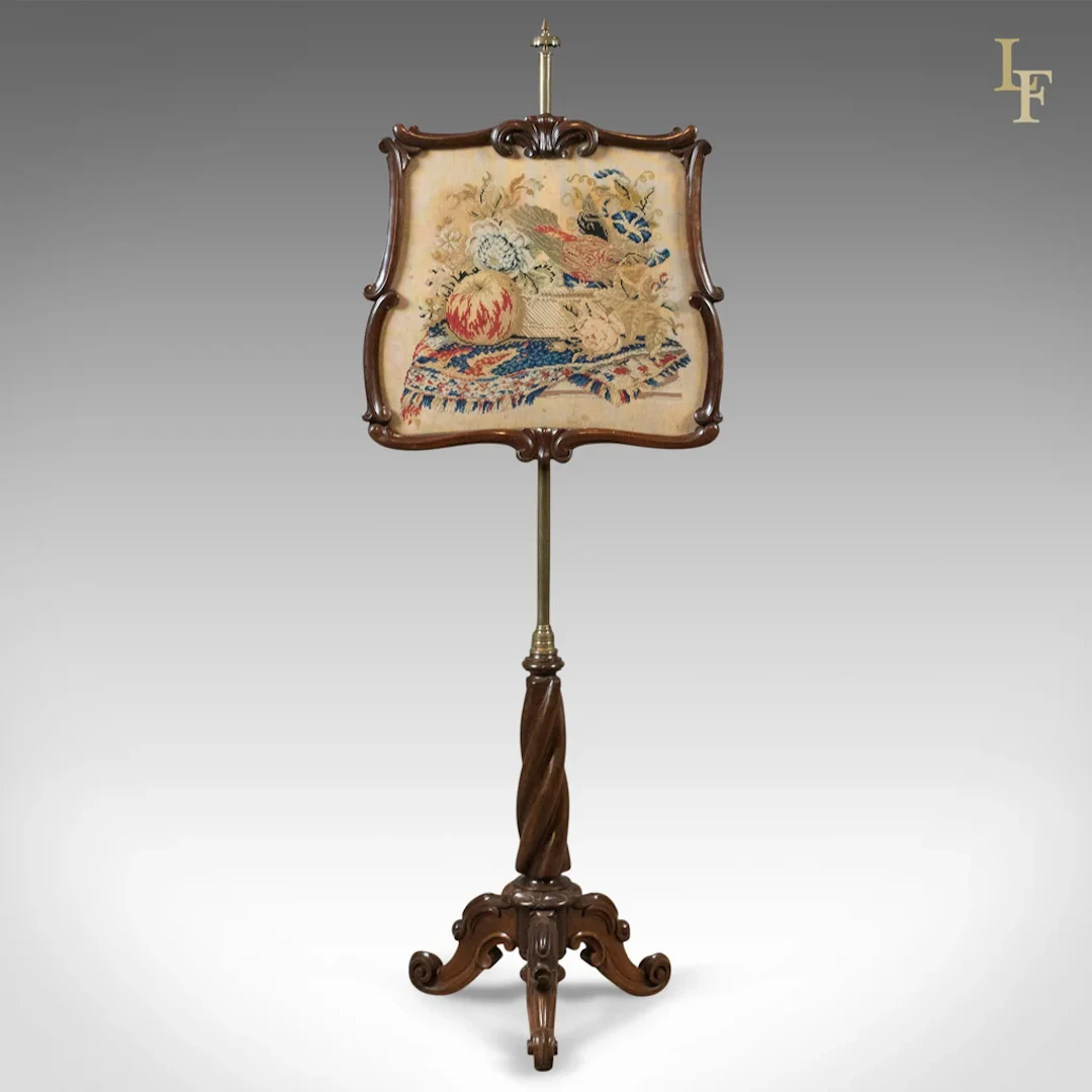 Antique Pole Screen, Early Victorian Rosewood Fire Screen