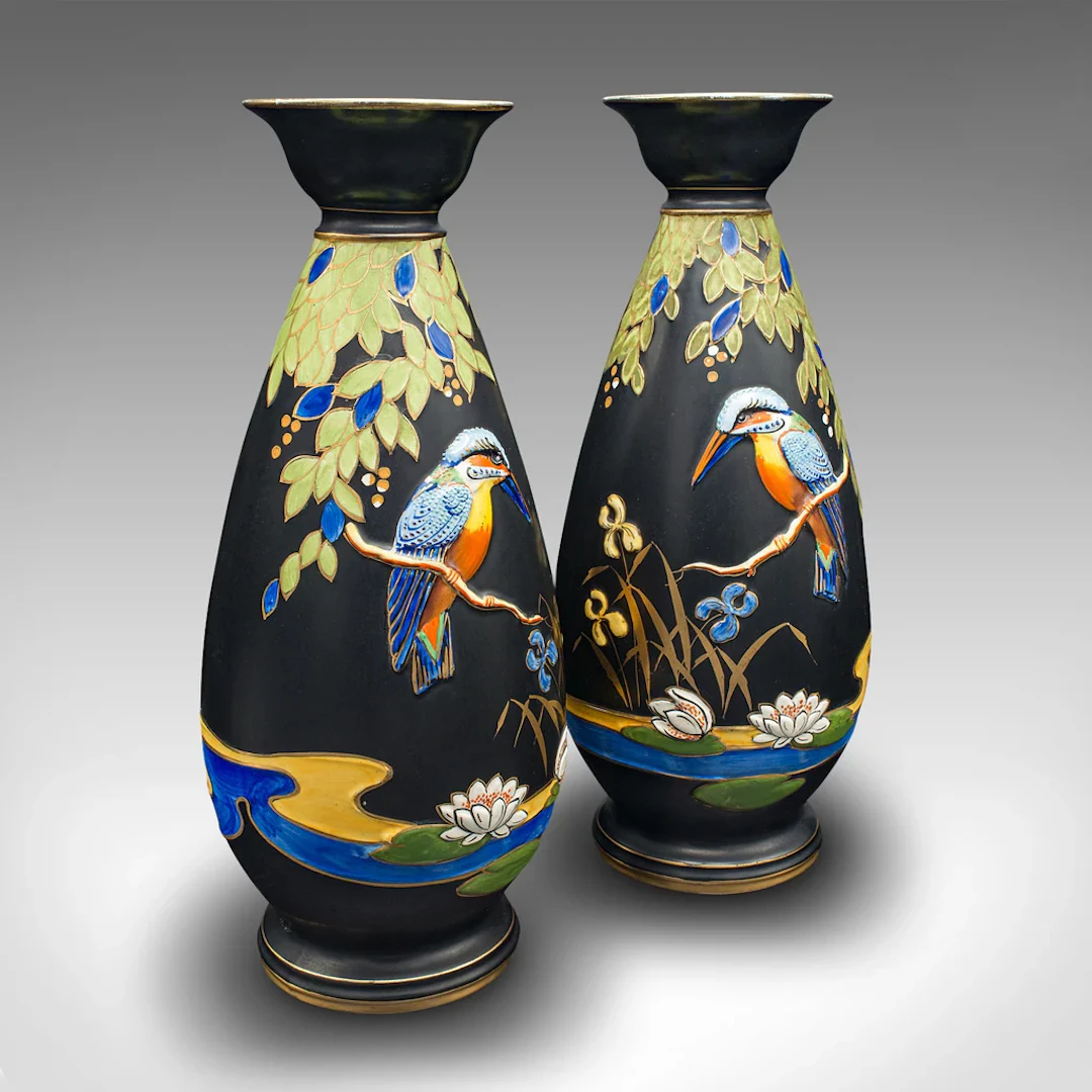 Pair Of Vintage Display Vases, English, Satin Finish, Kingfisher