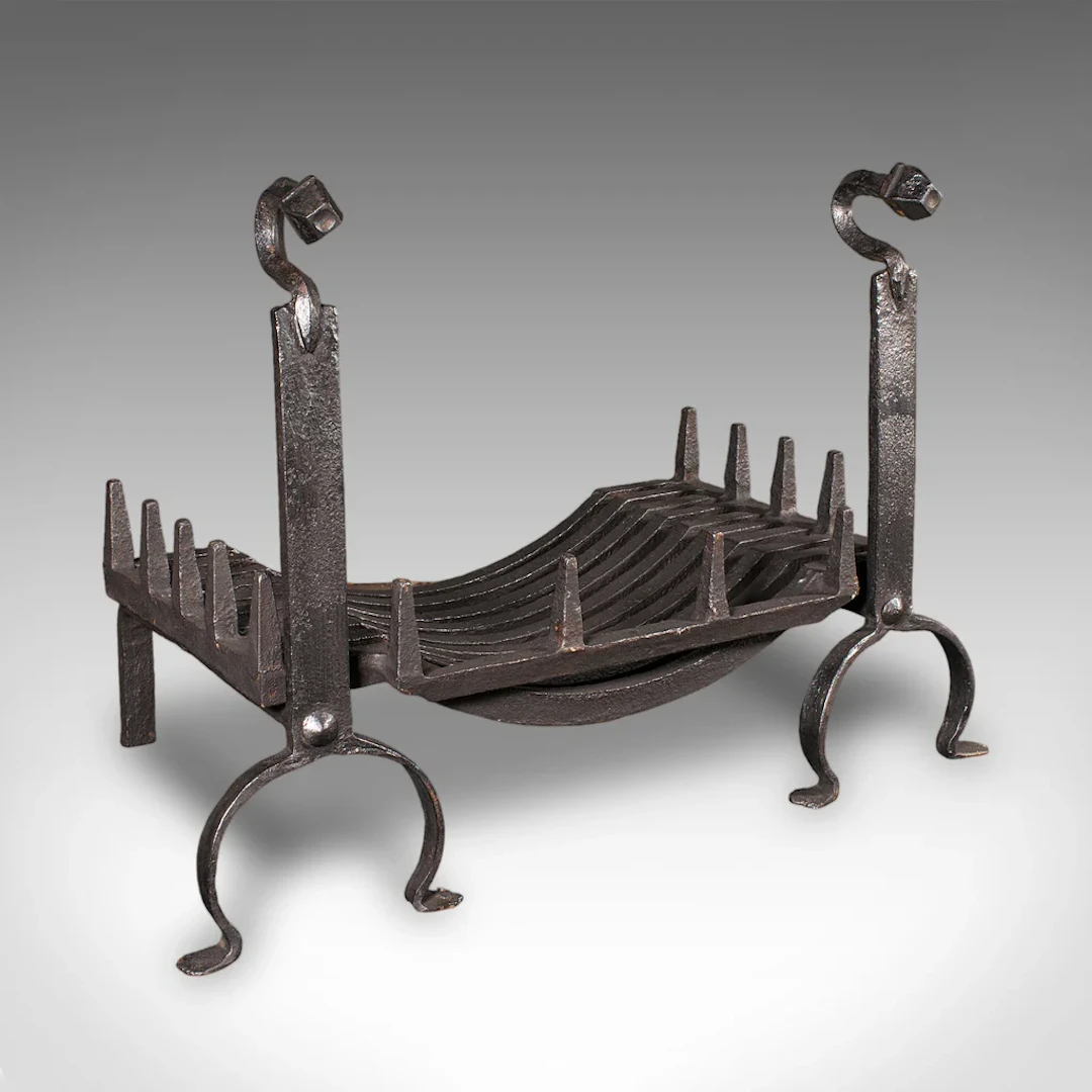 Antique Fireplace Set, English, Wrought Iron, Fire Basket, Andirons, Victorian