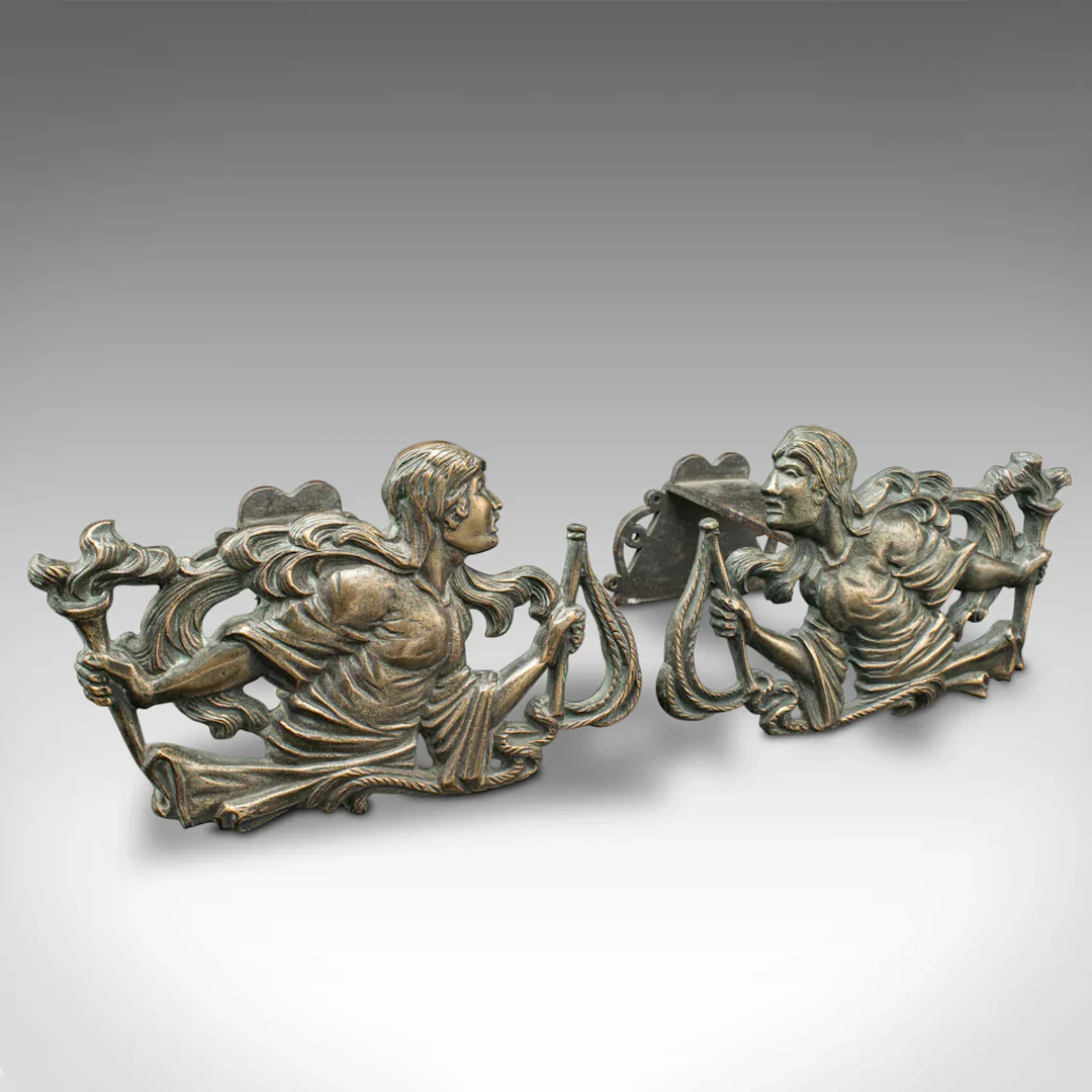 Pair Of Antique Figural Andirons, French Bronze, Fireside, Country