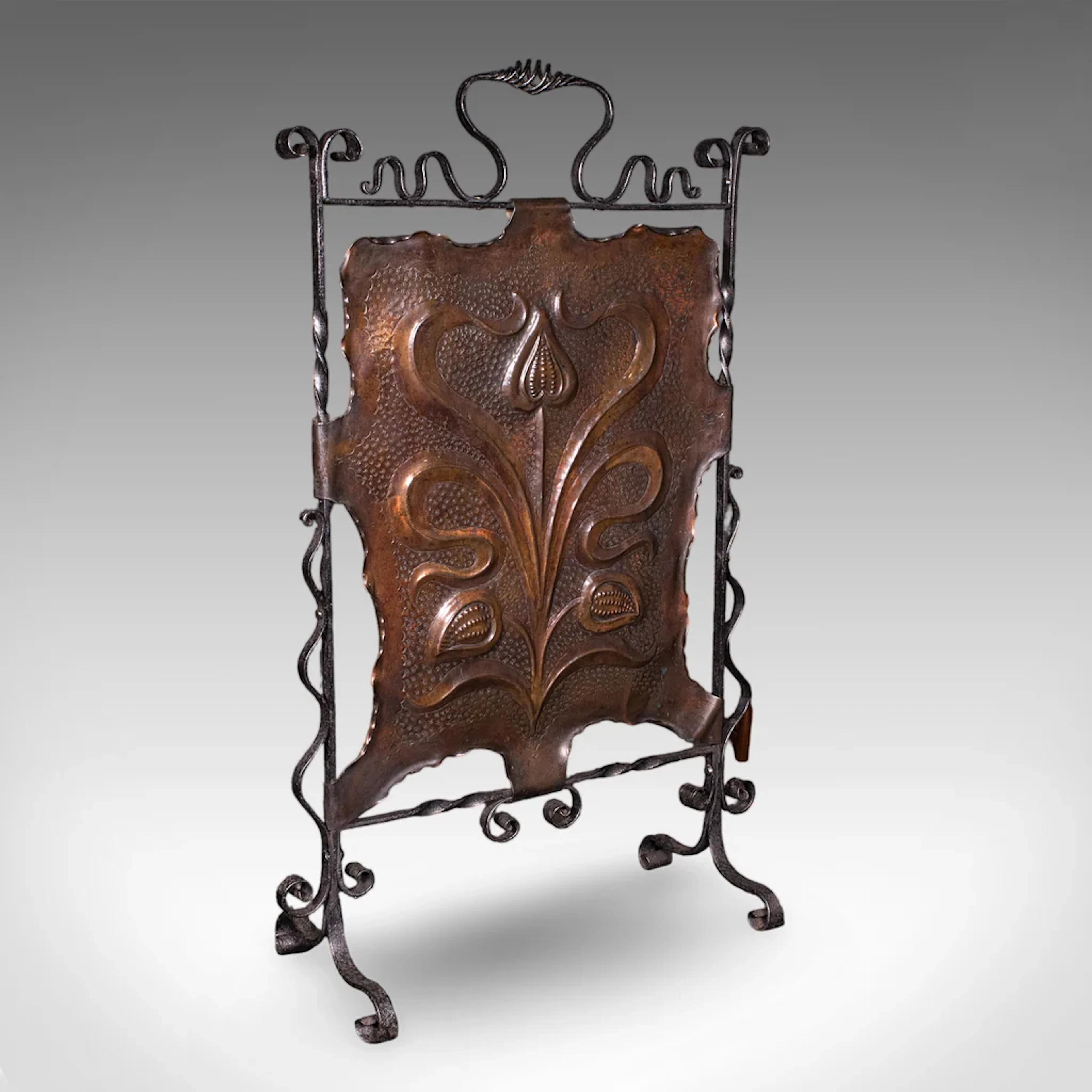 Antique Fire Screen, Art Nouveau, French, Fireplace Reflector, Copper
