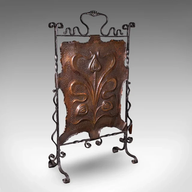 Antique Fire Screen, Art Nouveau, French, Fireplace Reflector, Copper