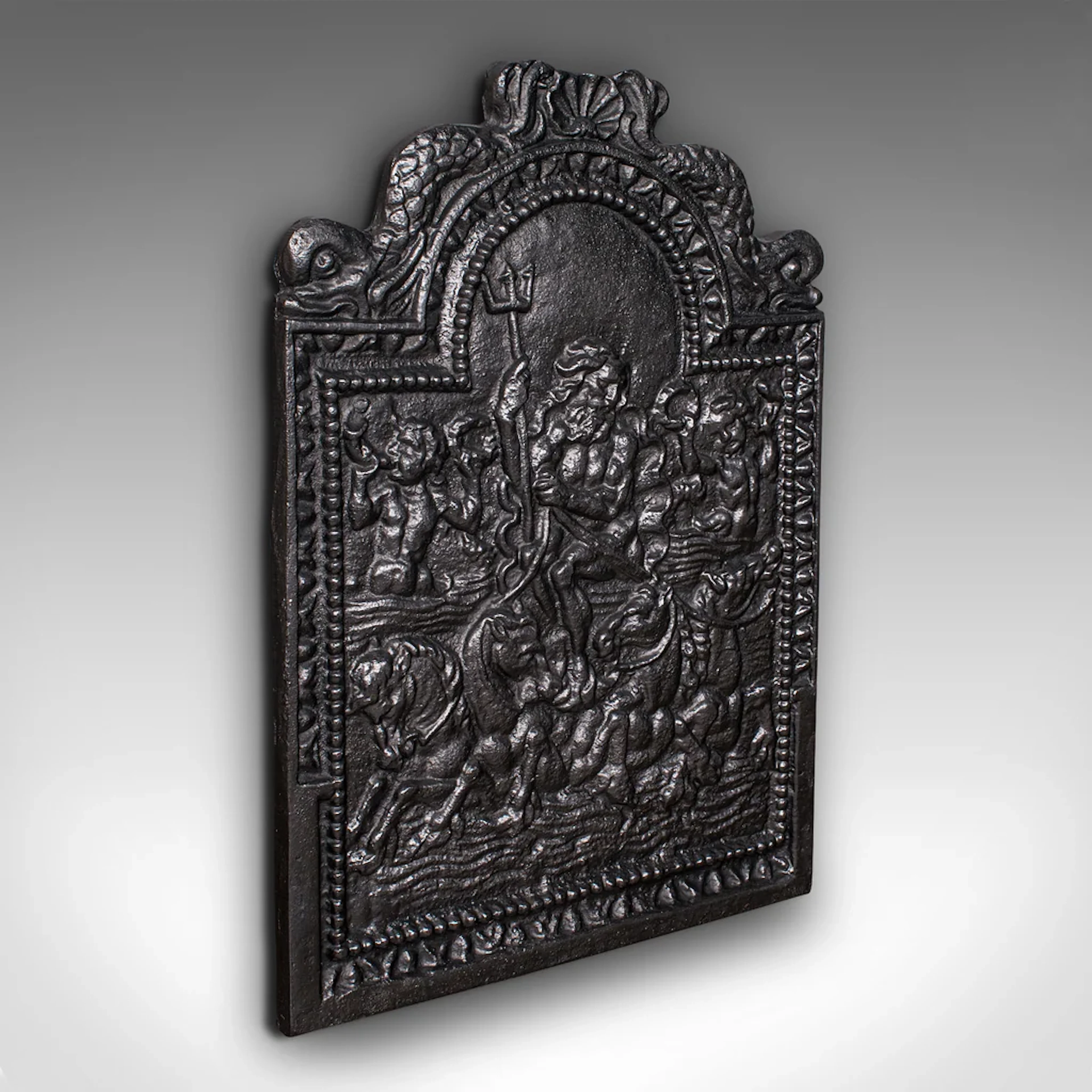Antique Relief Fire Back, English Cast Iron Fireplace Reflector, Victorian