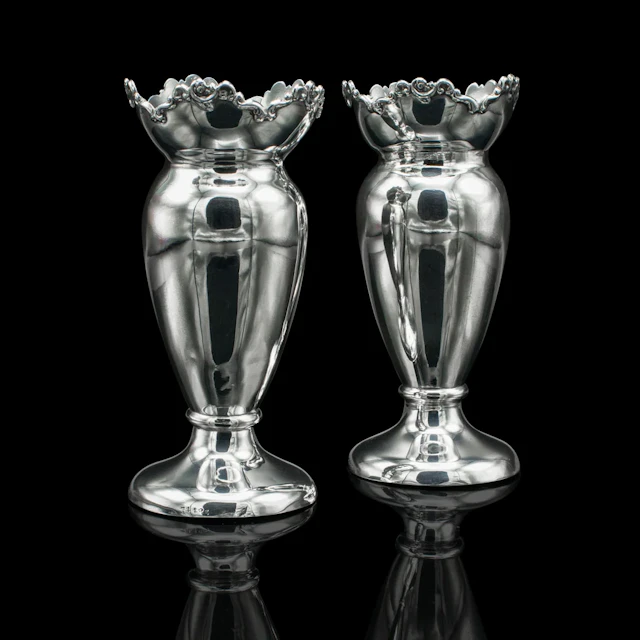 Pair Of Antique Duck Egg Cups, English, Silver, Vase, Edwardian, Hallmarked