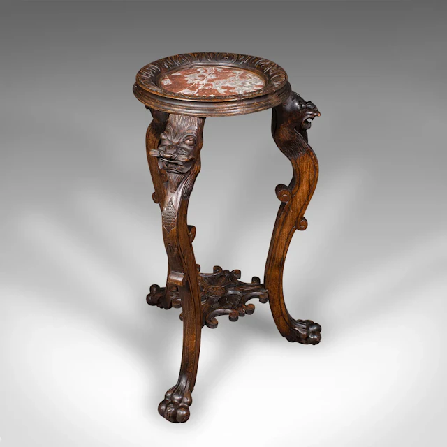 Vintage Jardiniere Stand, Oriental, Beech, Marble, Wine, Lamp Table, Art Deco