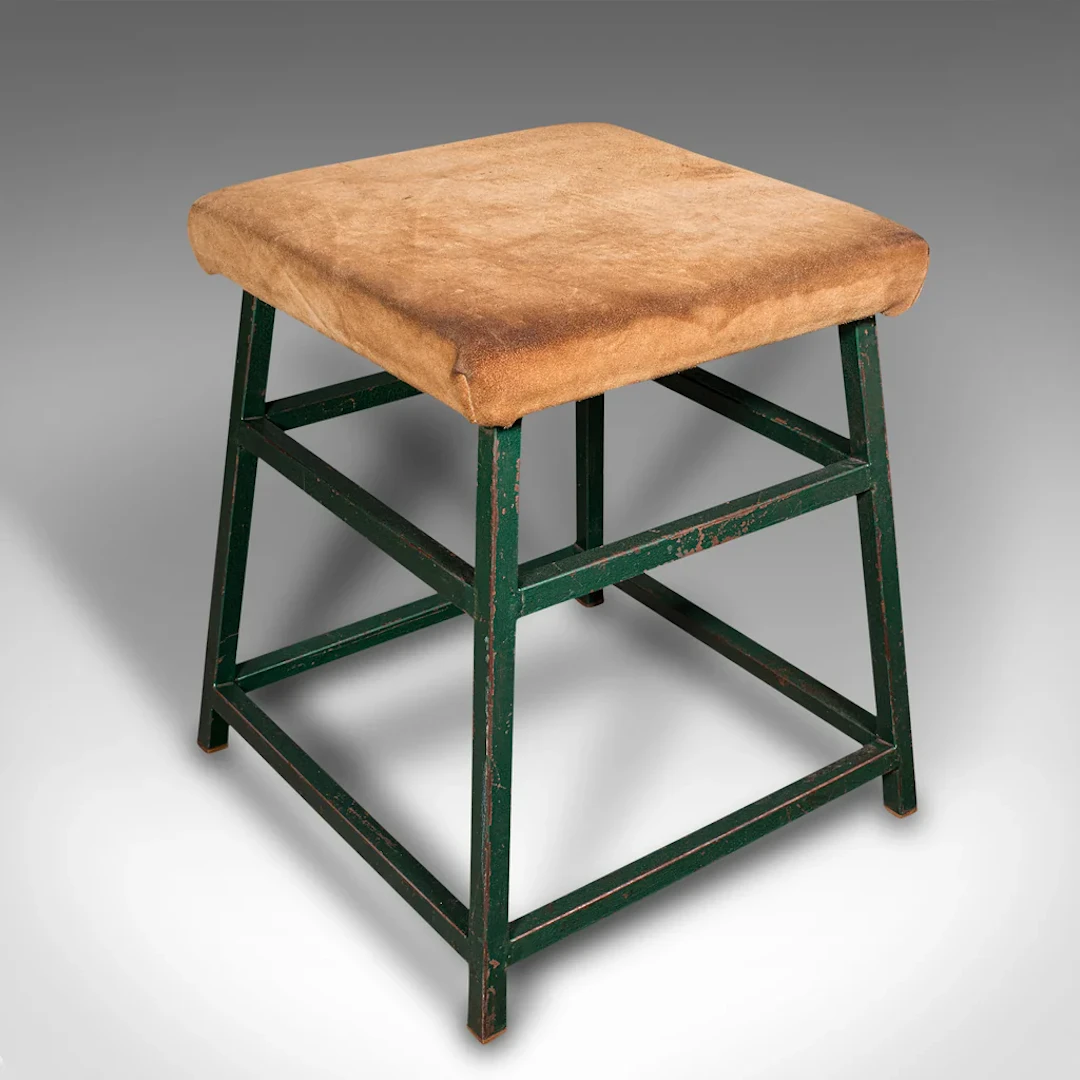 Large Vintage Industrial Lab Stool, English, Suede, Kitchen, Office