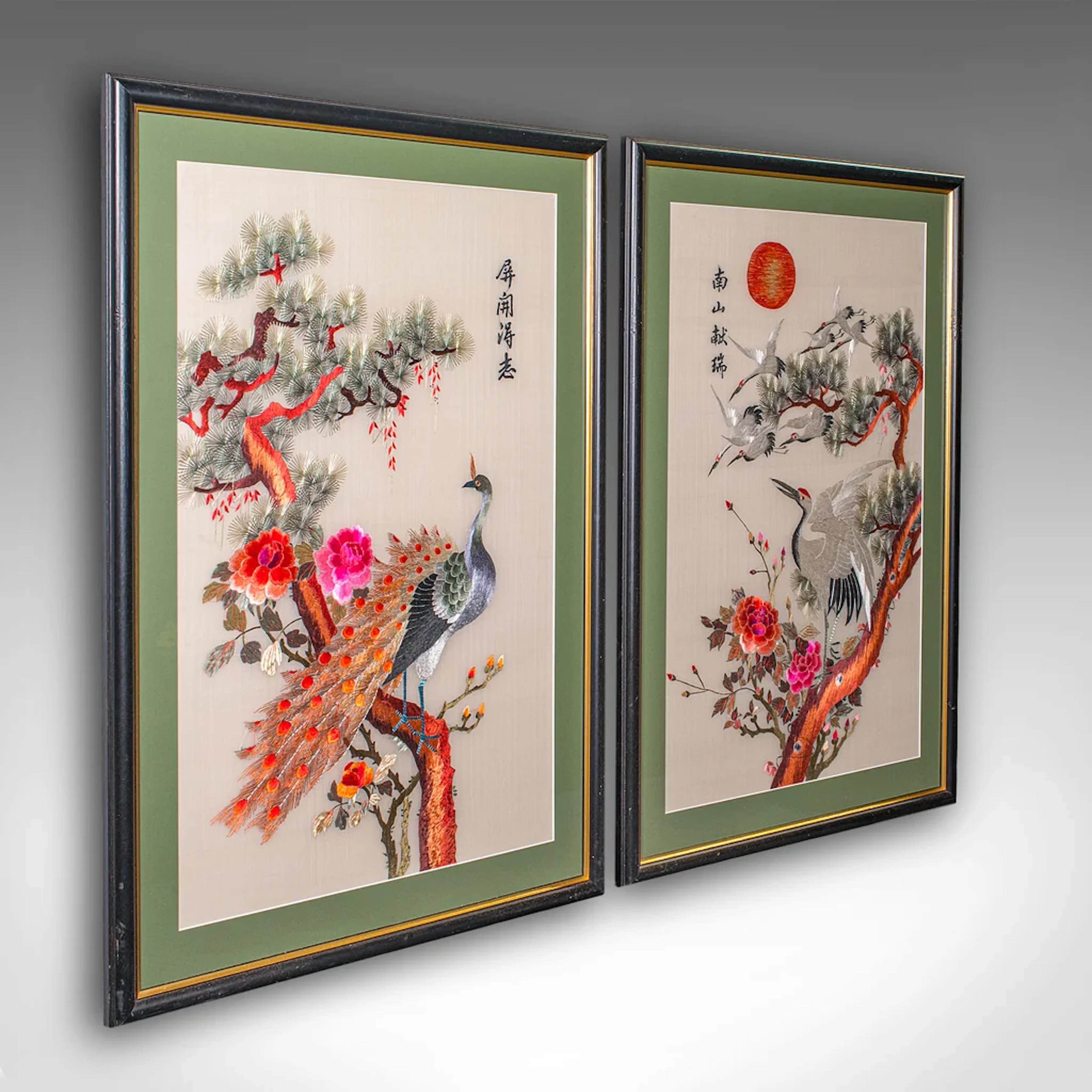 Tall Pair of Vintage Bird Embroideries, Oriental, Framed, Wildlife Art, C.1980