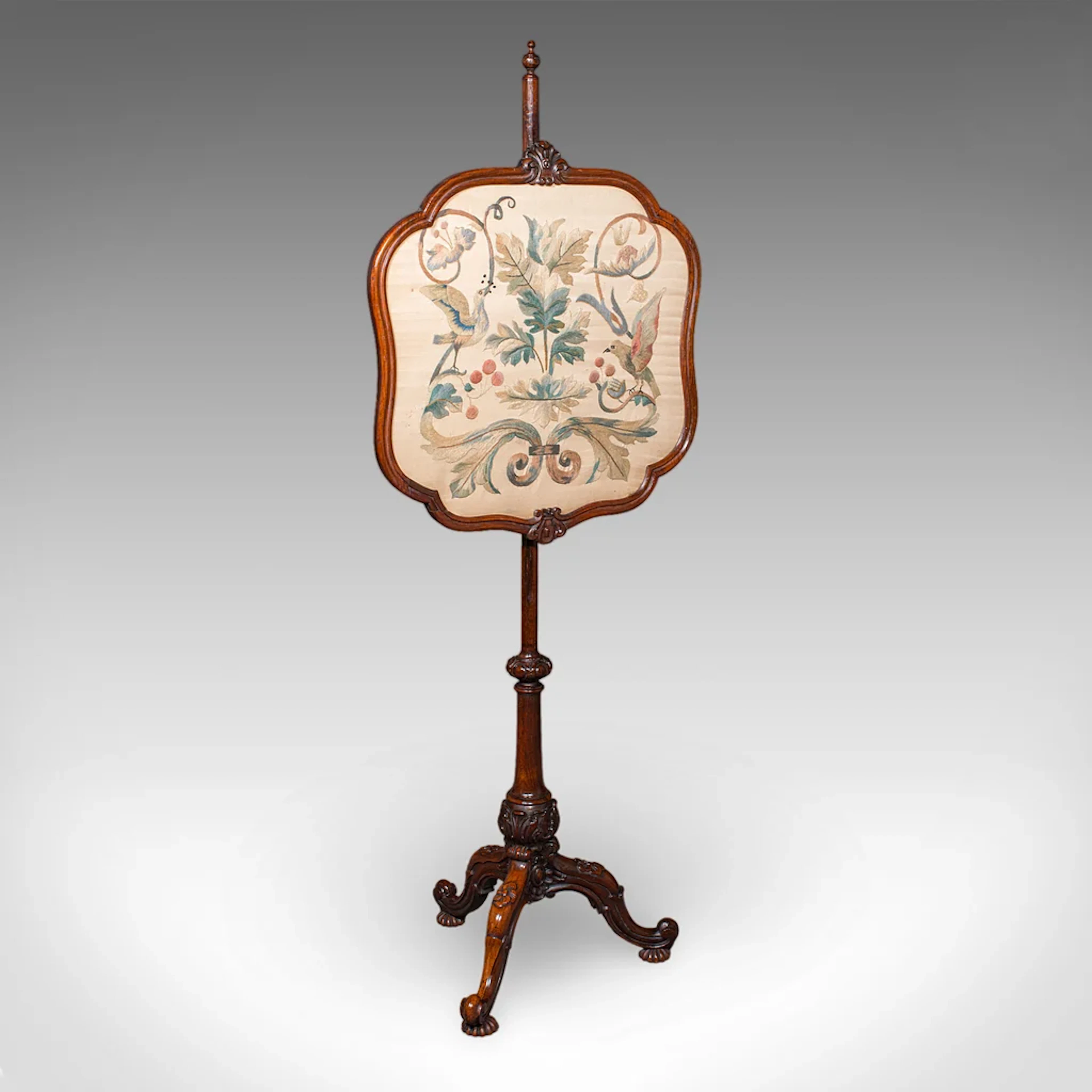 Antique Pole Screen, English, Embroidered Fire Panel, Reflector, Early