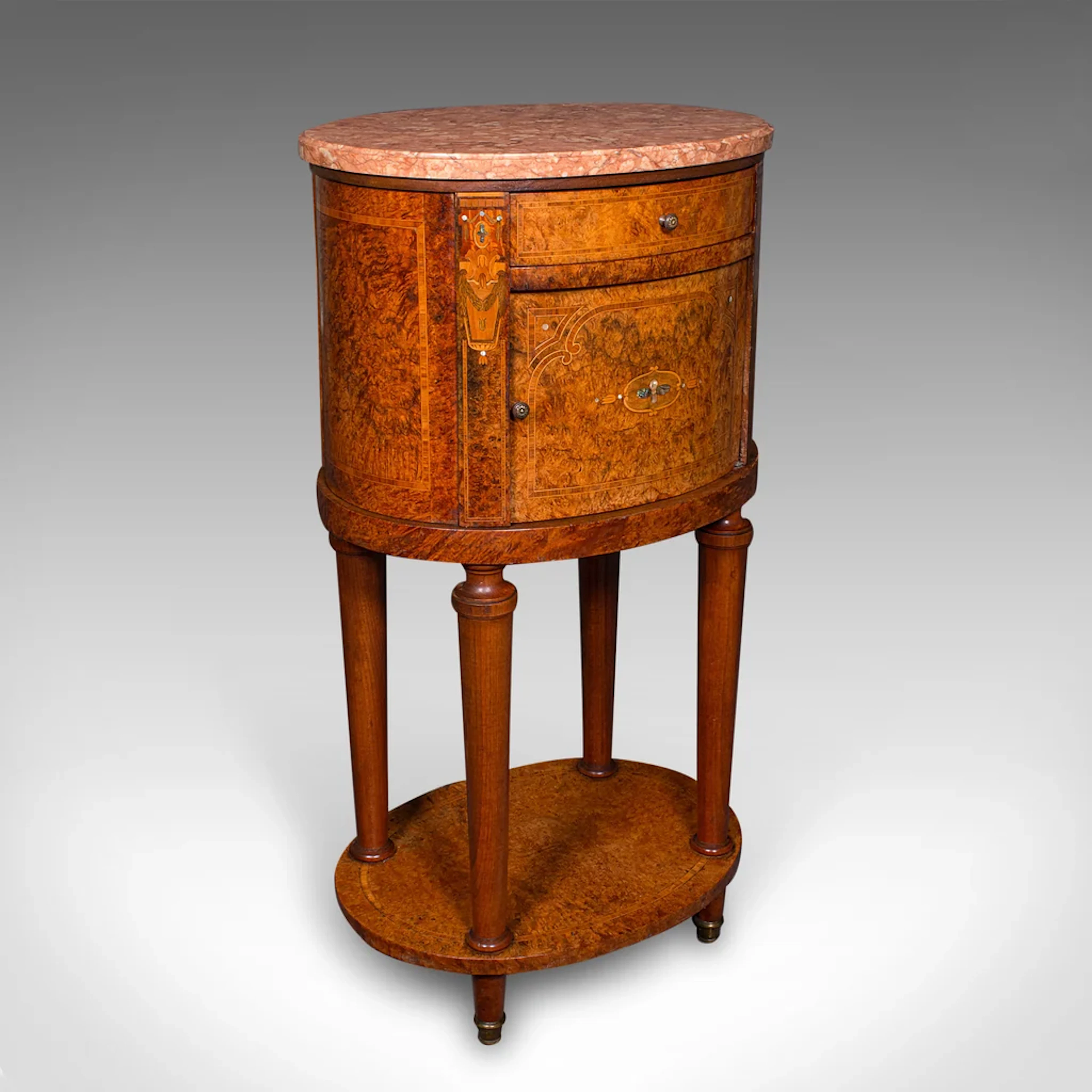 Antique Oval Bedside Cabinet, French, Amboyna, Marble, Bathroom, Victorian