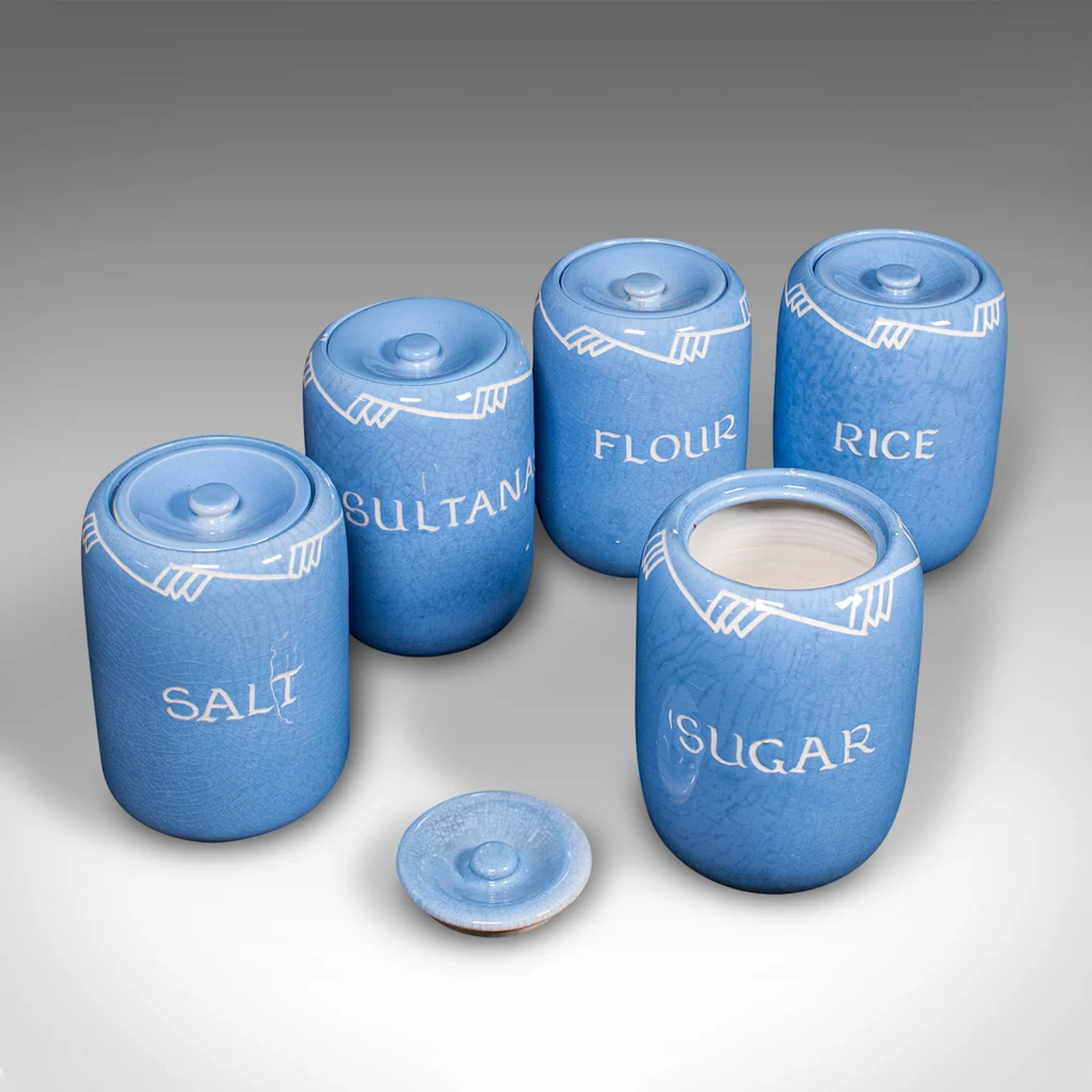 Set Of 5 Vintage Kitchen Canisters, English, Cooking Ingredient Jars