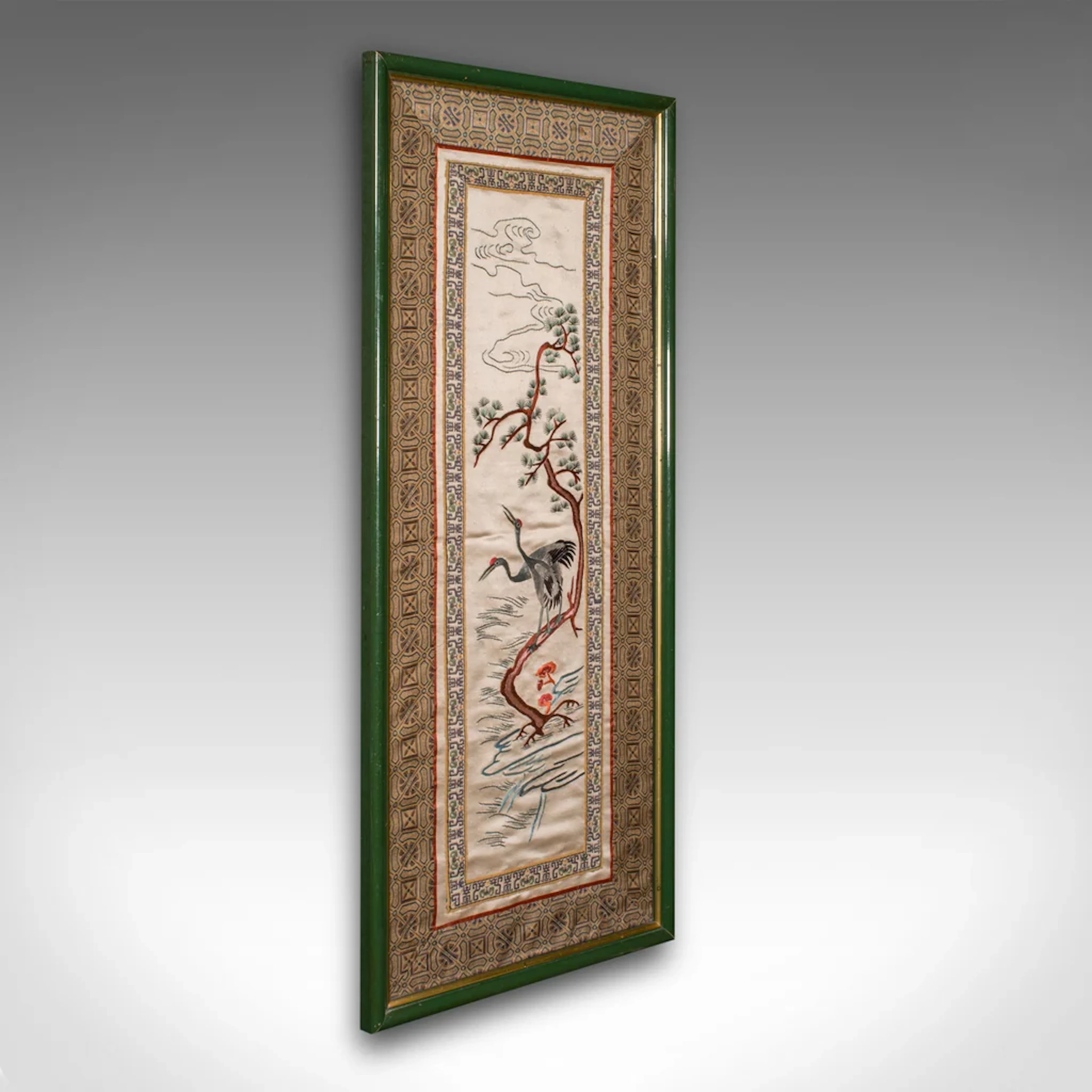 Tall Vintage Embroidered Panel, Oriental Silk Cotton Needlepoint Scene