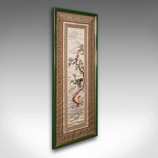 Tall Vintage Embroidered Panel, Oriental Silk Cotton Needlepoint Scene