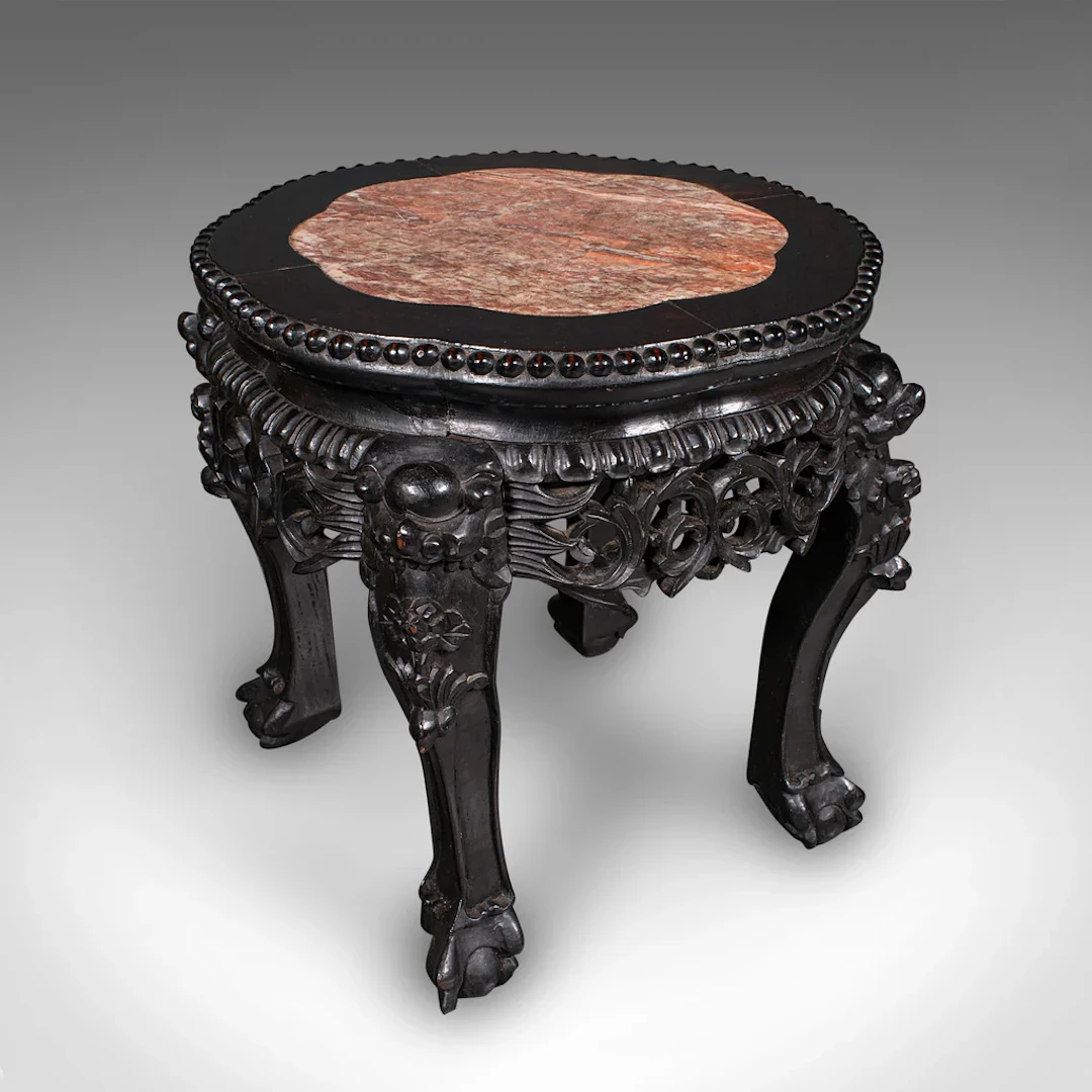 Antique Side Table, Chinese, Ebonised, Rouge Marble, Jardiniere Stand