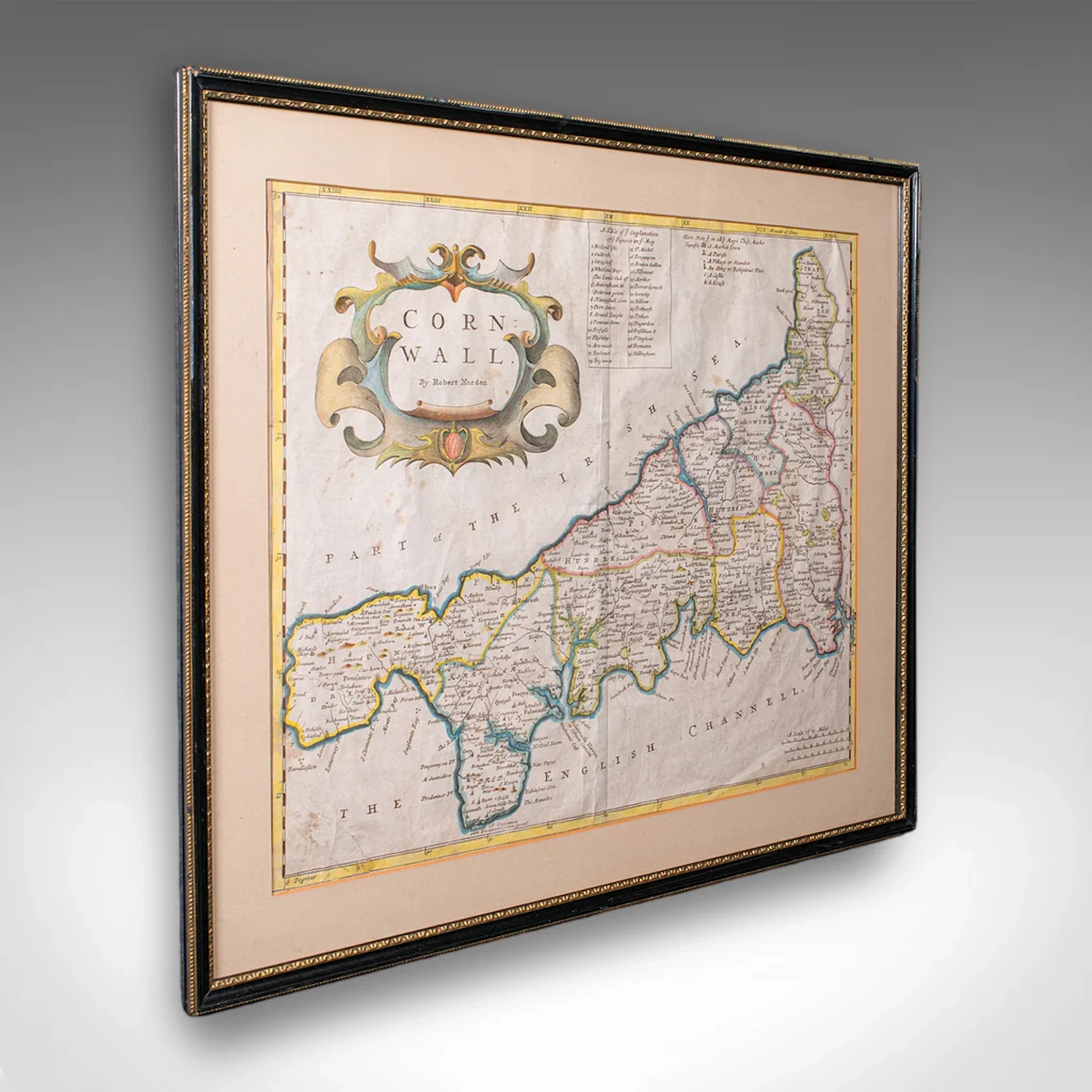 Antique Framed Cornwall Map, English, Atlas Cartography, Robert Morden, C.1700