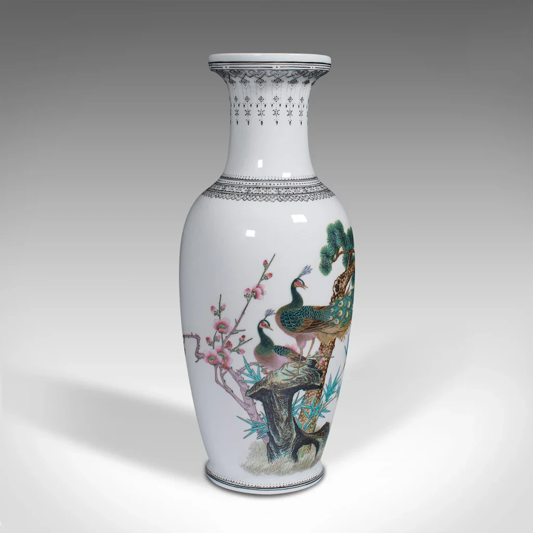 Vintage Decorative Posy Vase, Chinese, Ceramic Flower Urn, Peacock