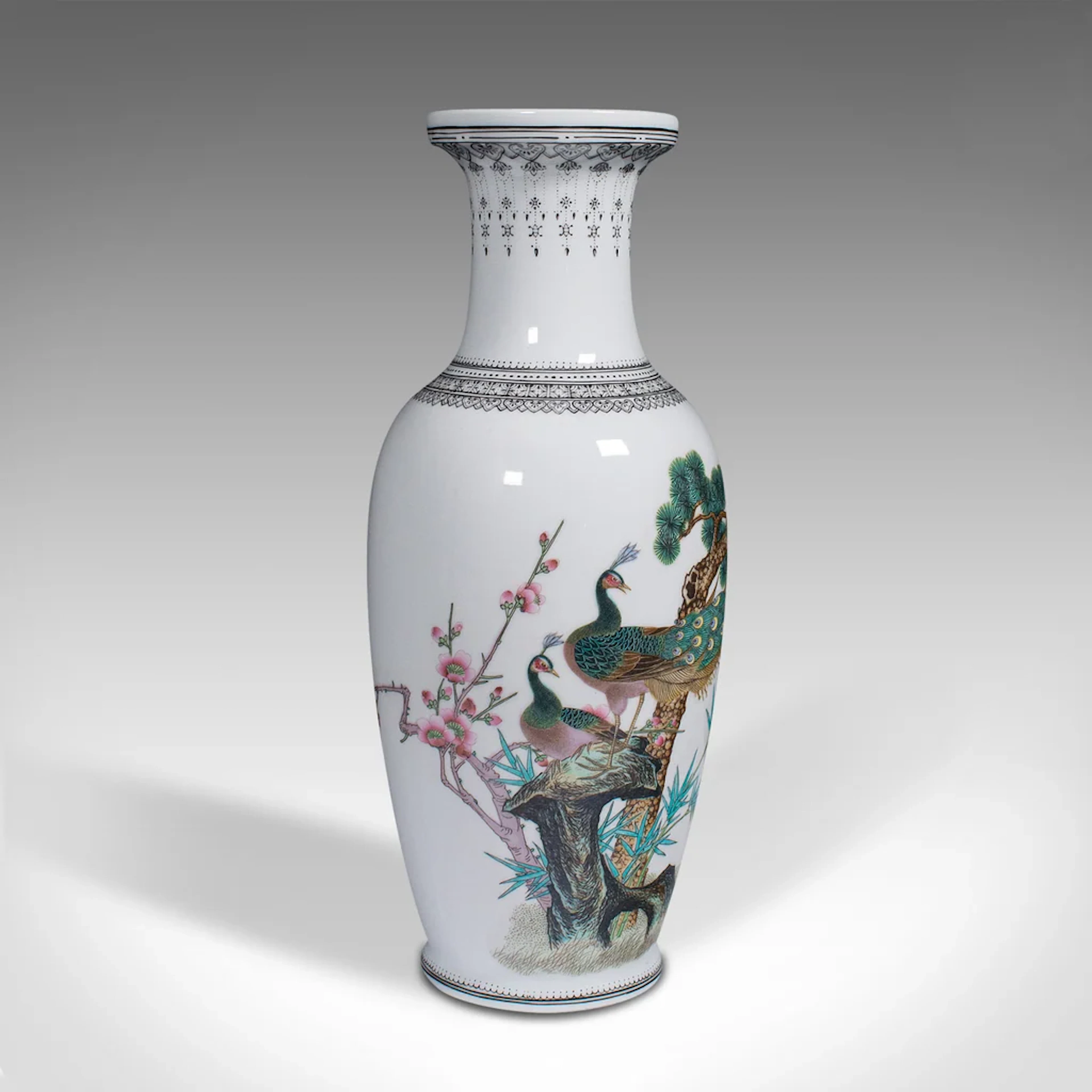 Vintage Decorative Posy Vase, Chinese, Ceramic Flower Urn, Peacock