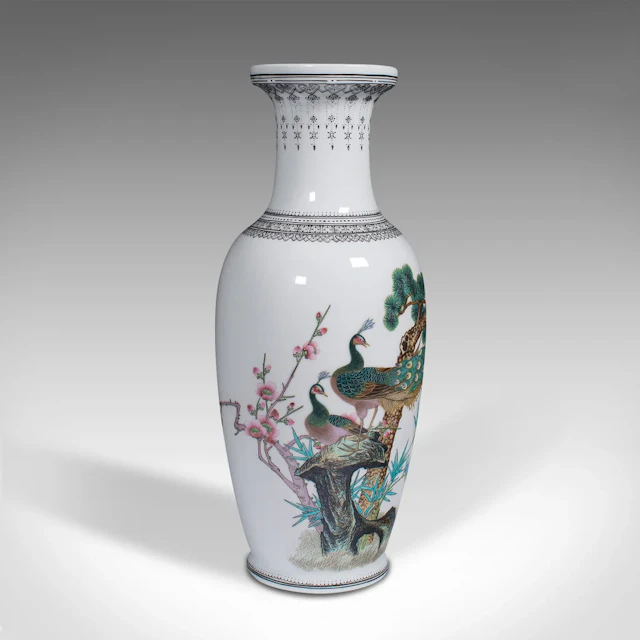 Vintage Decorative Posy Vase, Chinese, Ceramic Flower Urn, Peacock