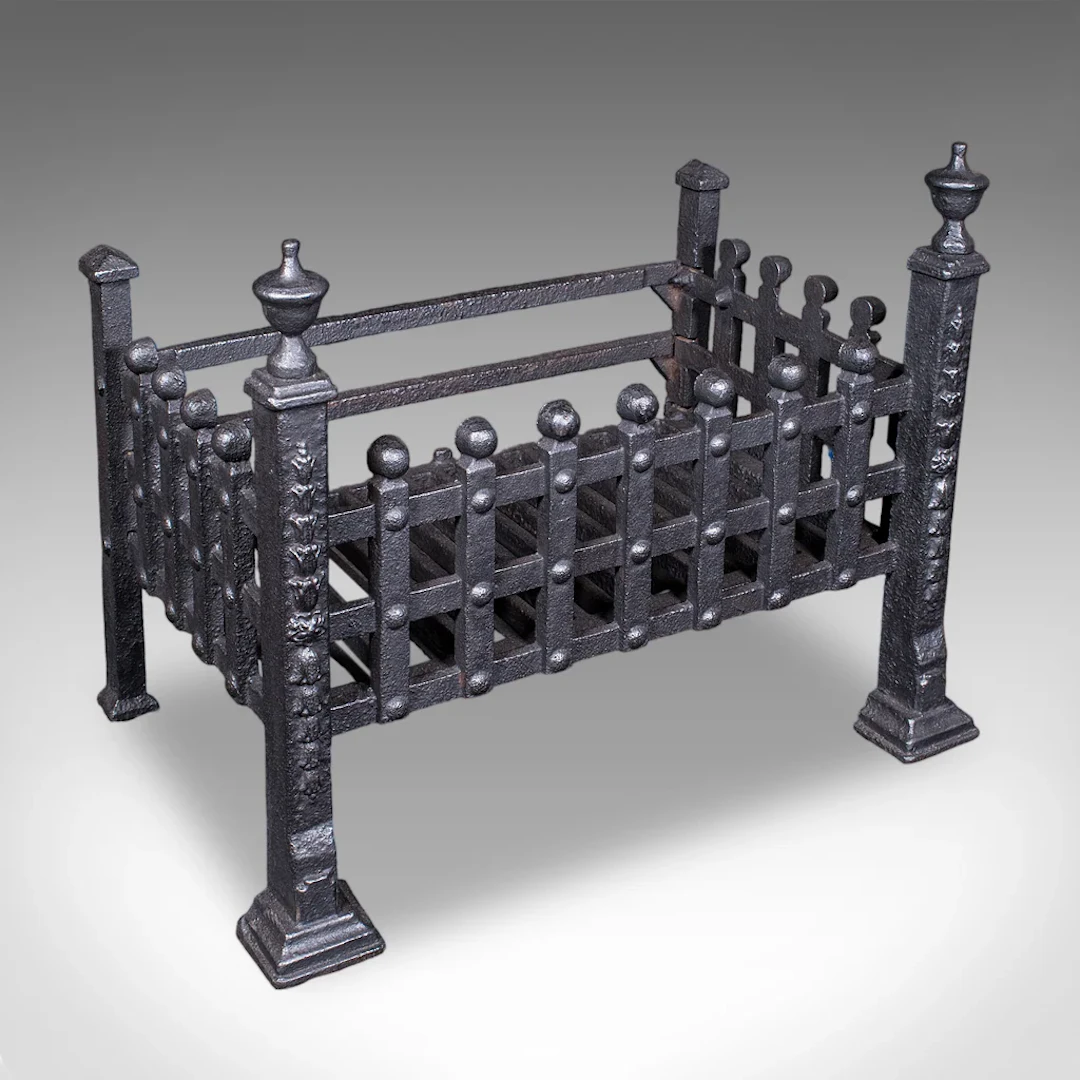 Antique Fire Basket, English, Wrought Iron Fireplace Grate, Victorian, C.1885