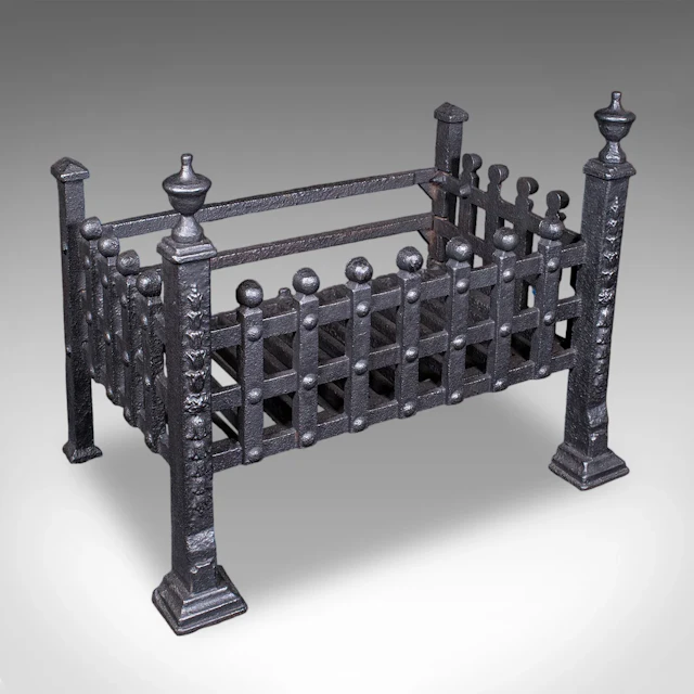 Antique Fire Basket, English, Wrought Iron Fireplace Grate, Victorian, C.1885