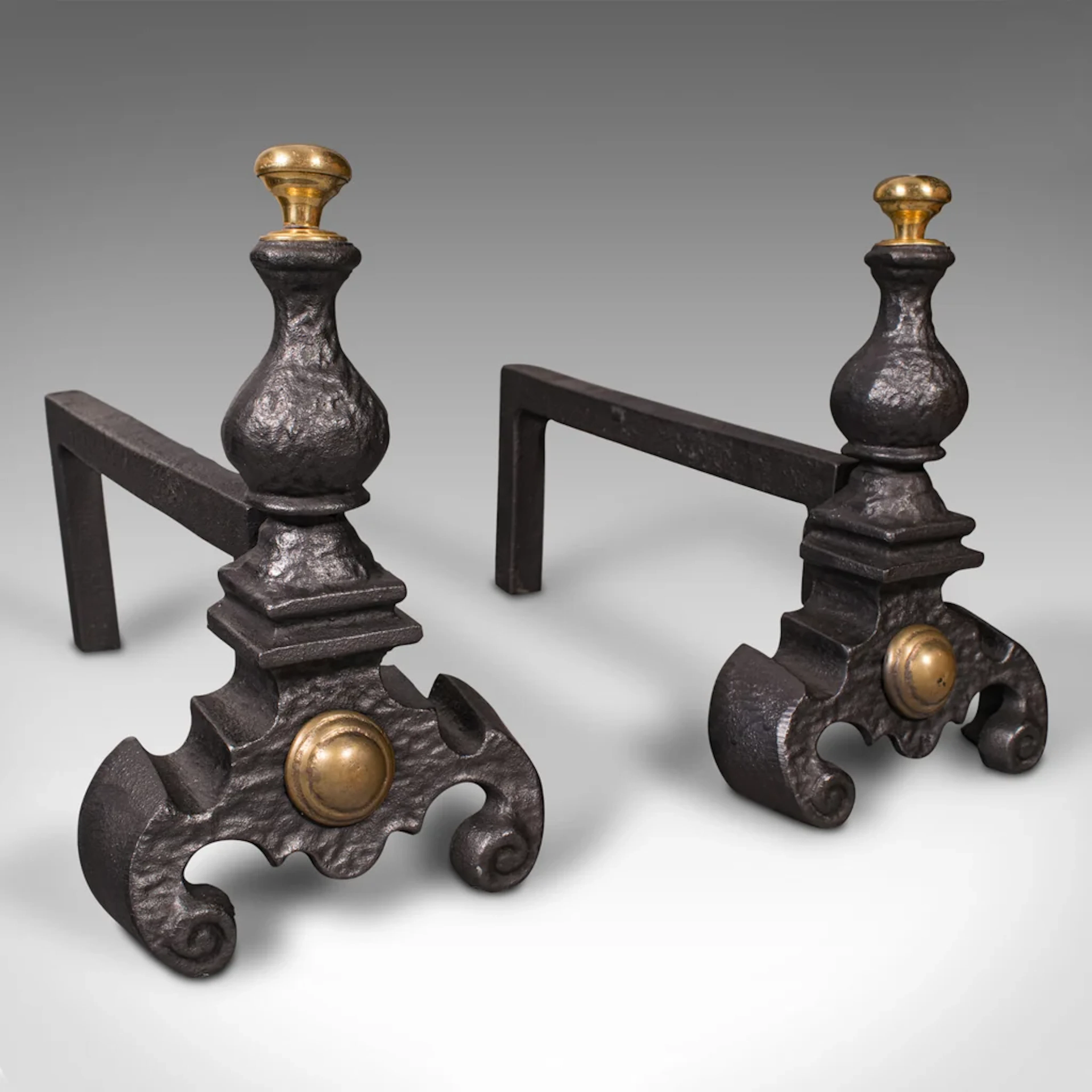 Pair Of Antique Decorative Fire Rests, English Fireside Andiron, Victorian