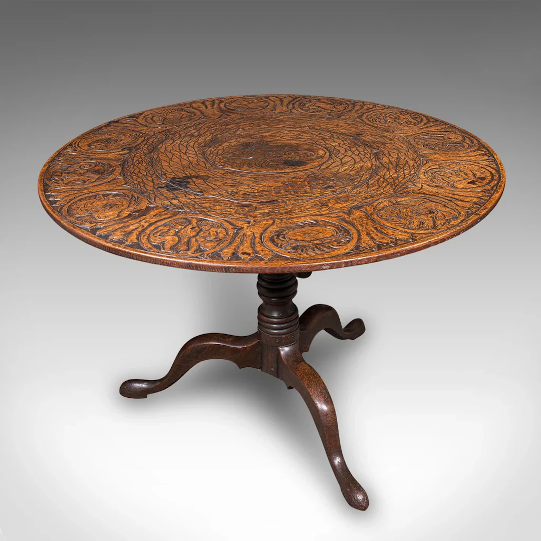 Antique Tarot Parlour Table, English, Oak, Zodiac Carving, Victorian