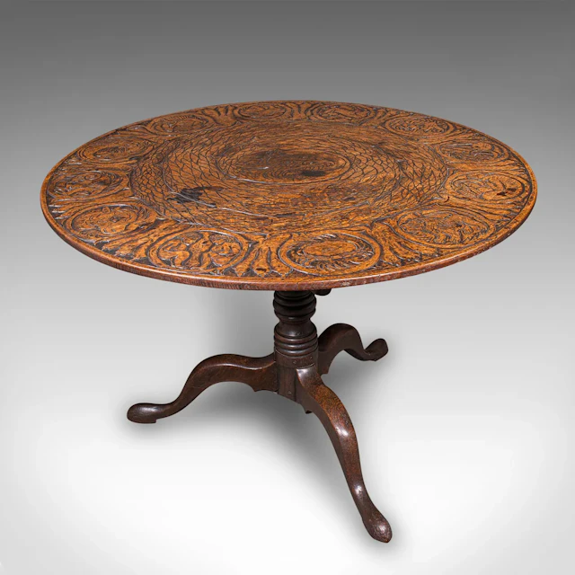 Antique Tarot Parlour Table, English, Oak, Zodiac Carving, Victorian