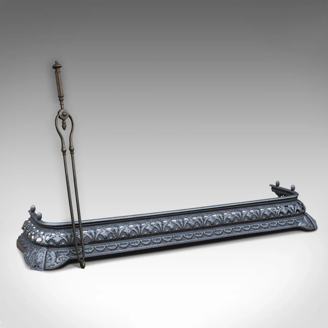 Antique Fire Kerb, Companion Tongs, English, Iron, Fireside Set, Victorian