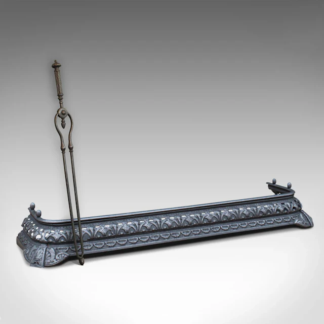 Antique Fire Kerb, Companion Tongs, English, Iron, Fireside Set, Victorian