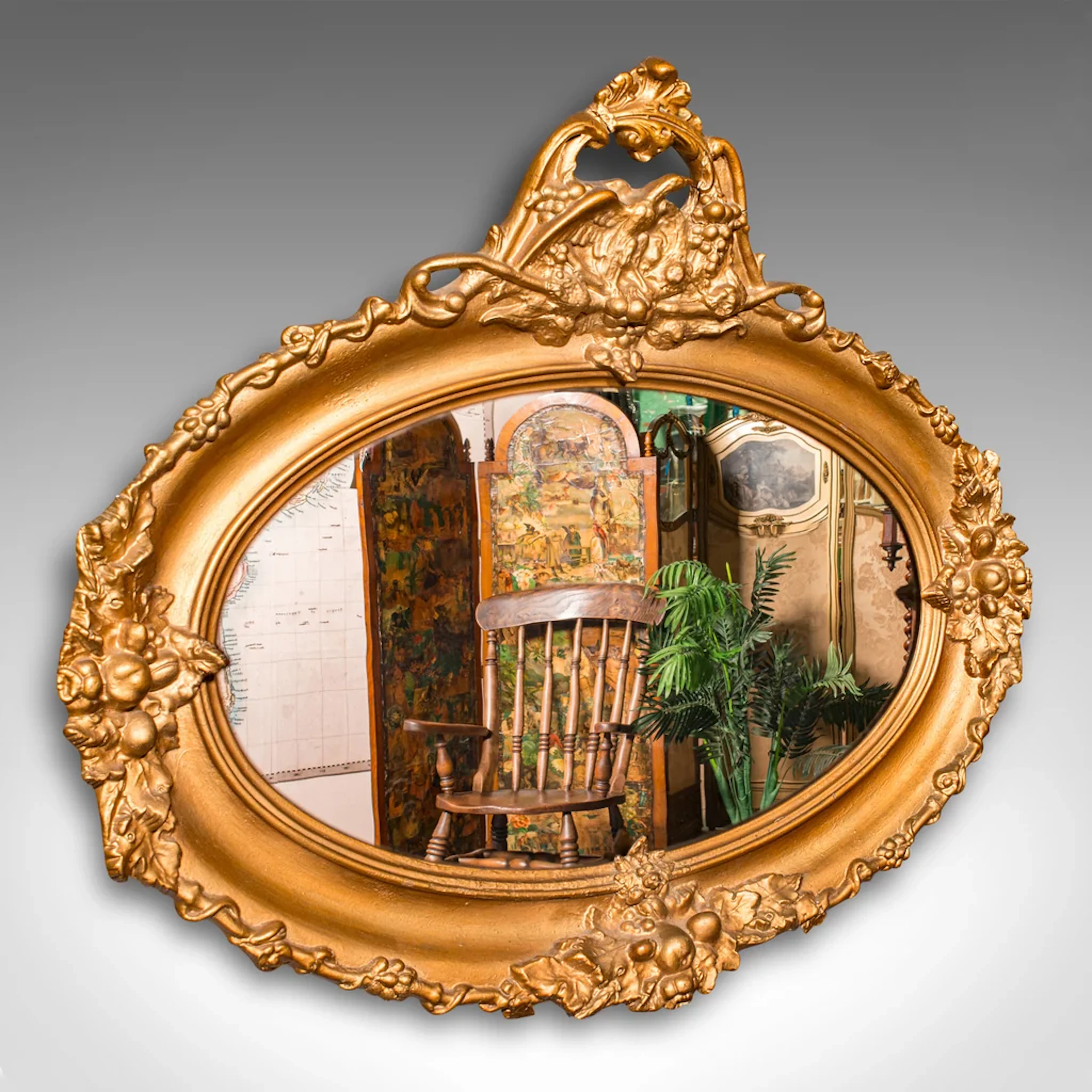 Large Oval Antique Overmantle Mirror, English Gilt Gesso, Lounge