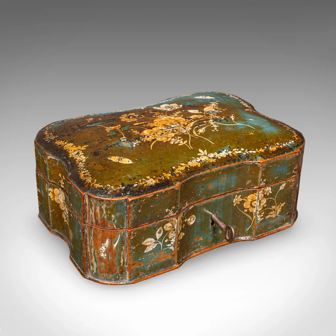 Antique Ladies Table Box, Italian, Lacquer, Oak, Keepsake Case, Victorian, 1900