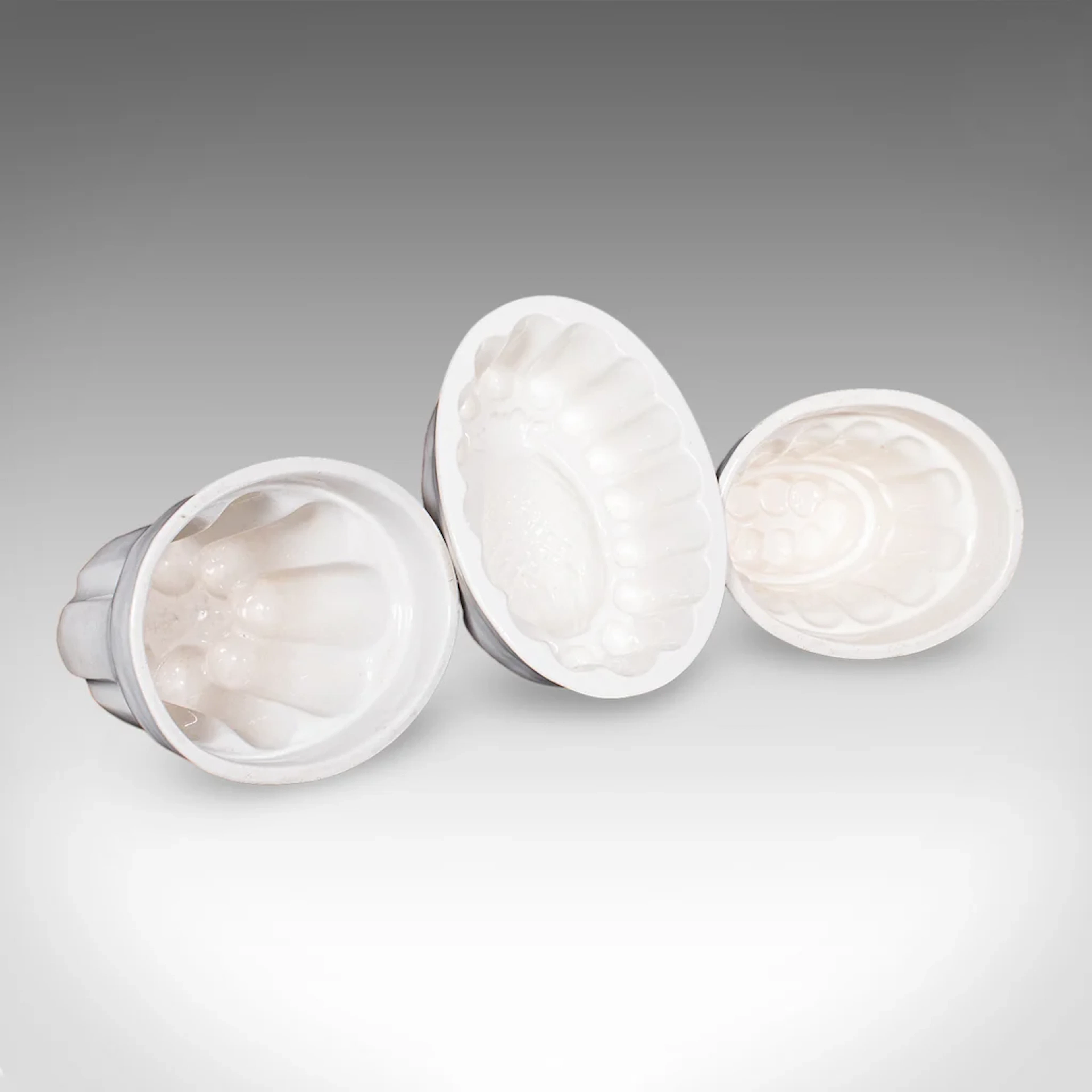 Set of 3 Antique Jelly Moulds, English, Ceramic, Kitchen Accessory, Victorian