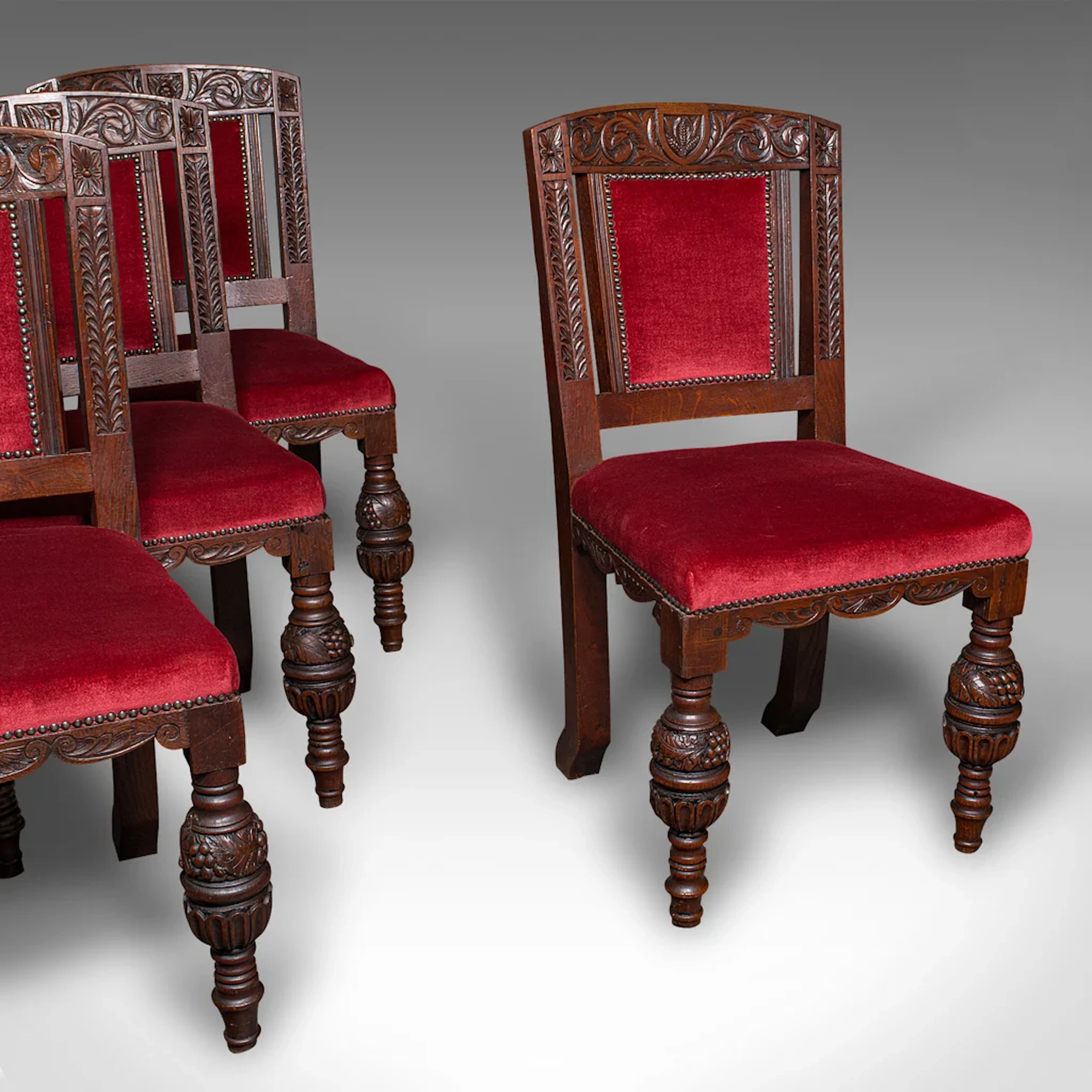 Set of 4 Antique Dining Chairs, Scottish, Oak, Gothic Revival, Victorian