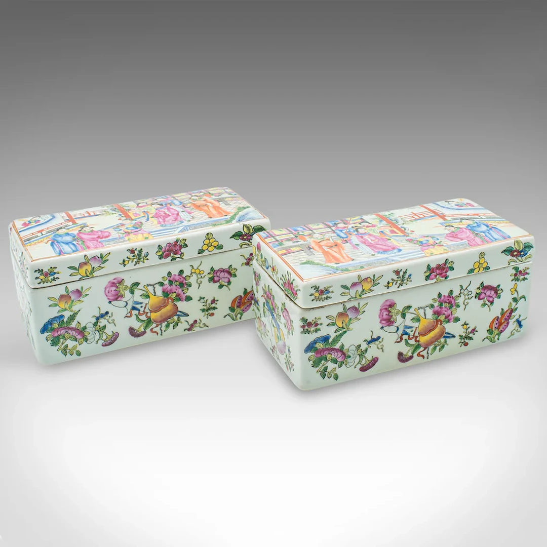 Pair Of Antique Decorative Boxes, Chinese, Ceramic, Lidded Dish, Victorian