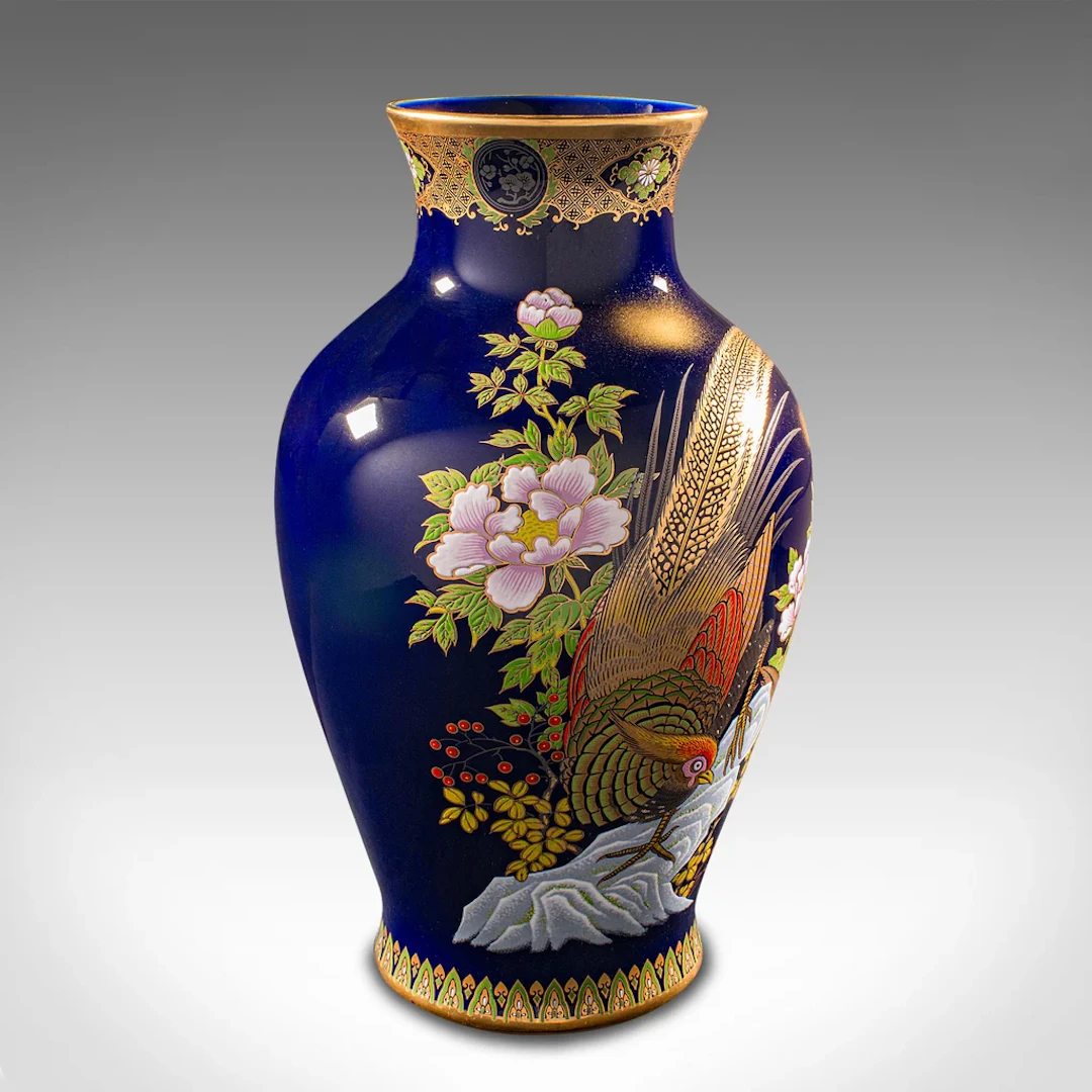 Vintage Golden Pheasant Vase, Chinese, Lacquer Ceramic Baluster Urn, Flower Pot
