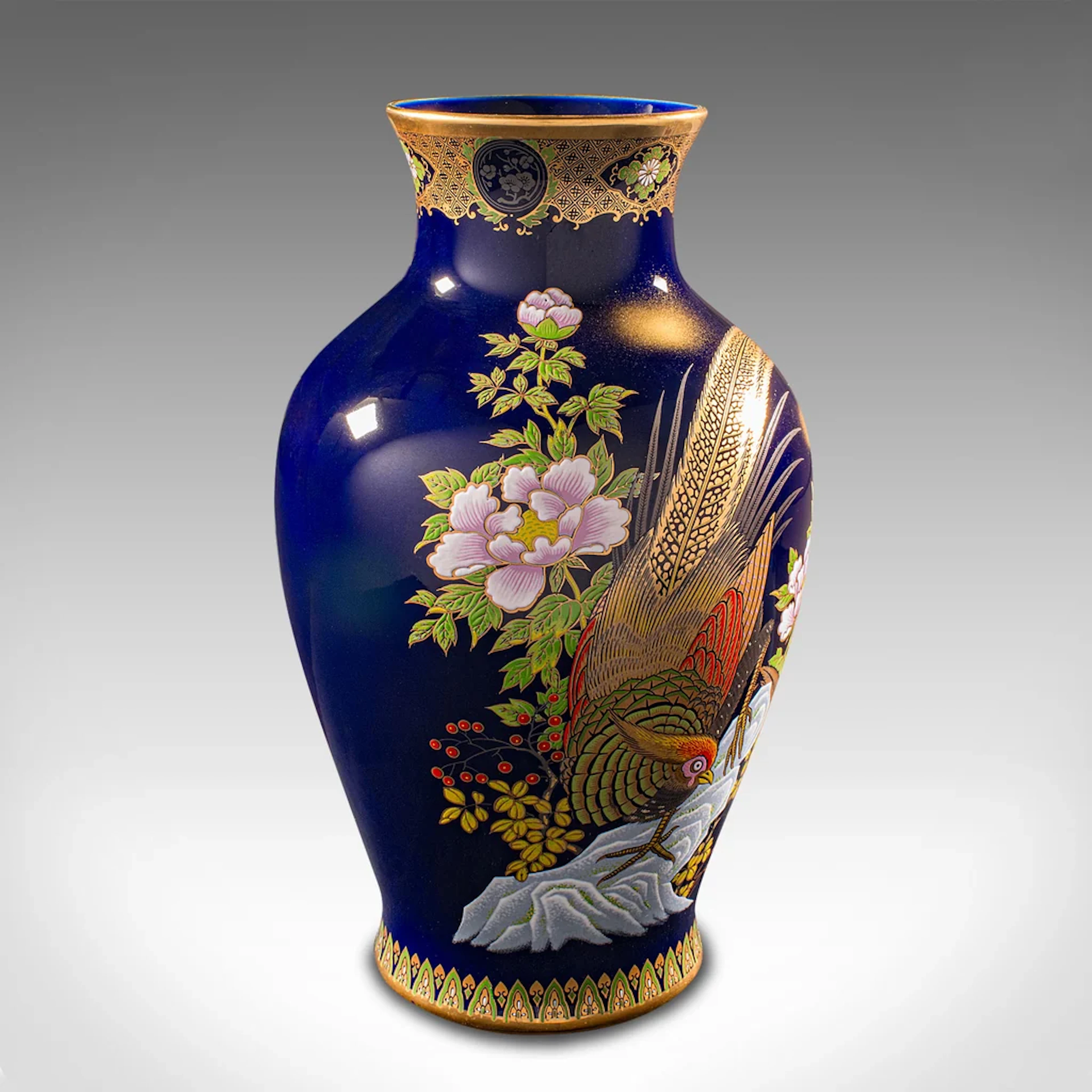 Vintage Golden Pheasant Vase, Chinese, Lacquer Ceramic Baluster Urn, Flower Pot