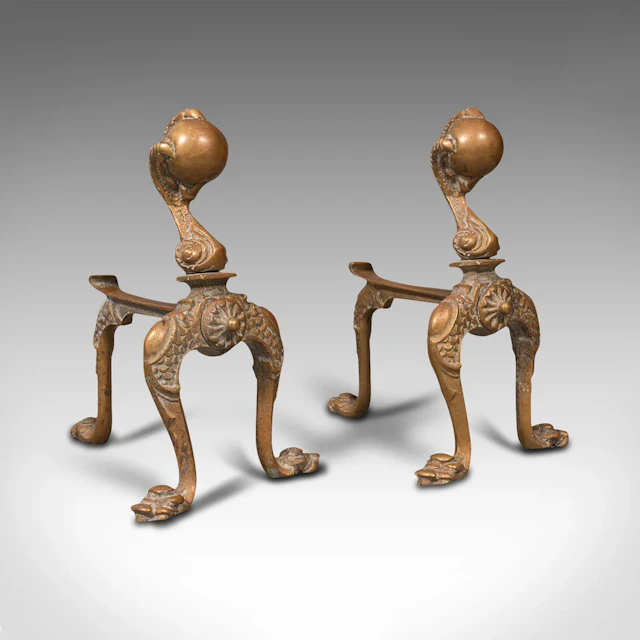 Pair, Antique Decorative Fireside Tool Rests, French, Brass, Andiron, Victorian