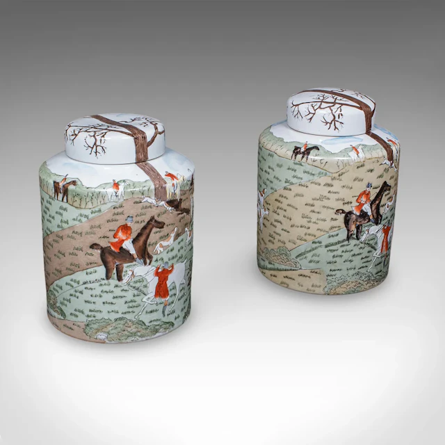 Pair of Vintage Huntsman Biscuit Barrels, Oriental, Ceramic, Kitchen