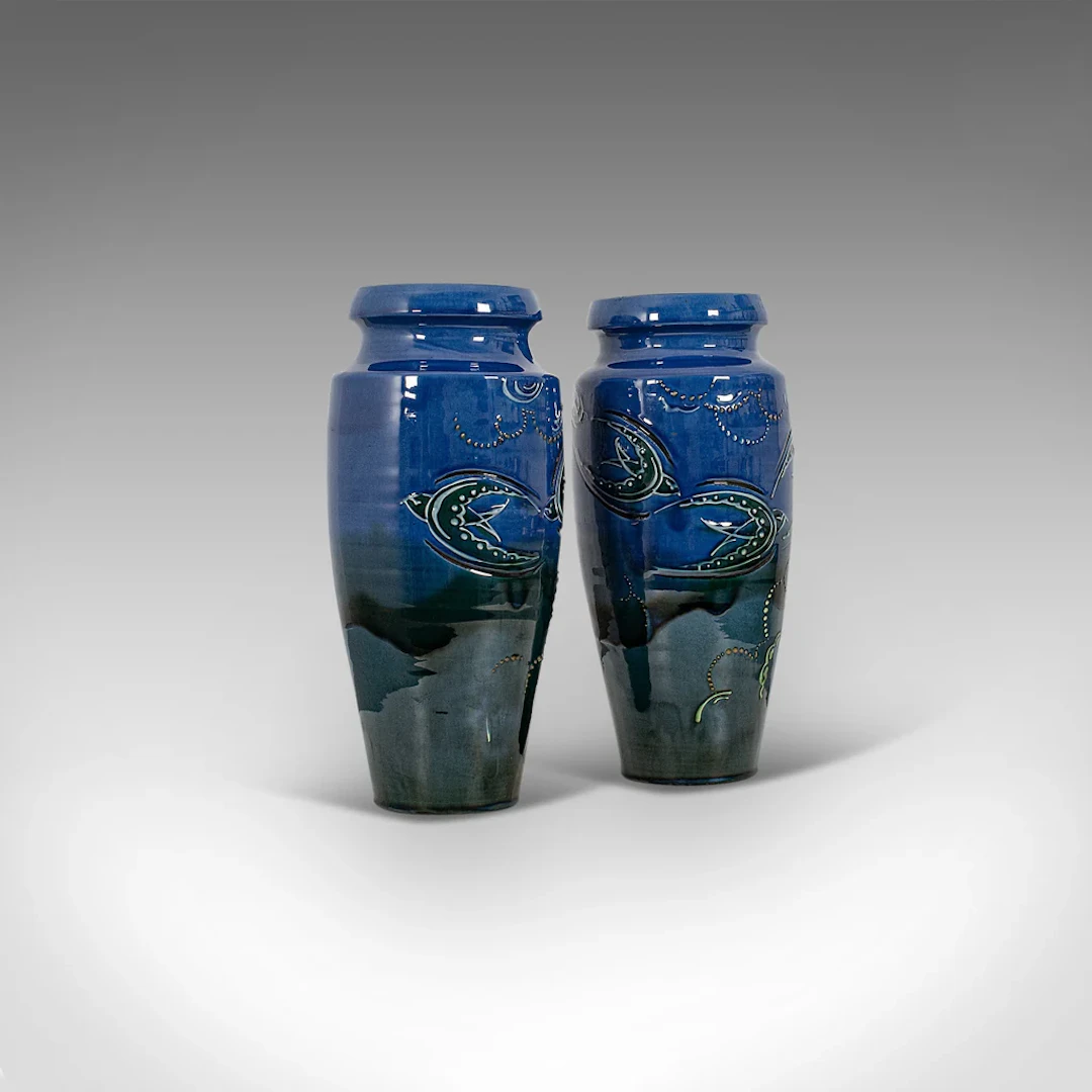 Pair Of, Vintage Decorative Flower Vases, English, Ceramic, Hand Painted