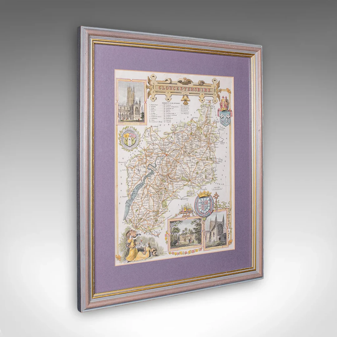 Antique County Map, Gloucestershire, English, Framed, Thomas Moule, Victorian