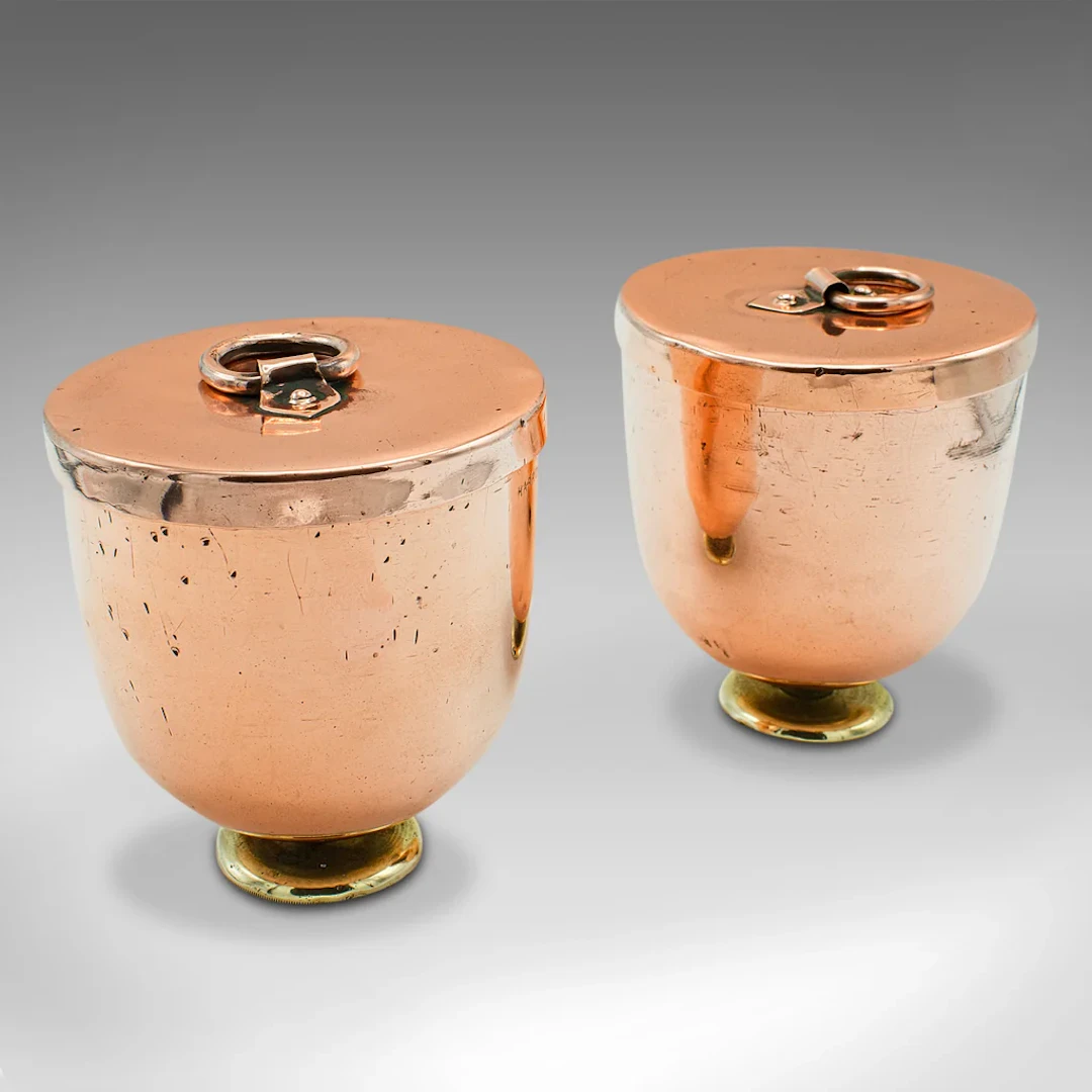 Pair Of Antique Ice Cream Moulds, English Copper Lidded Pots, Harrods