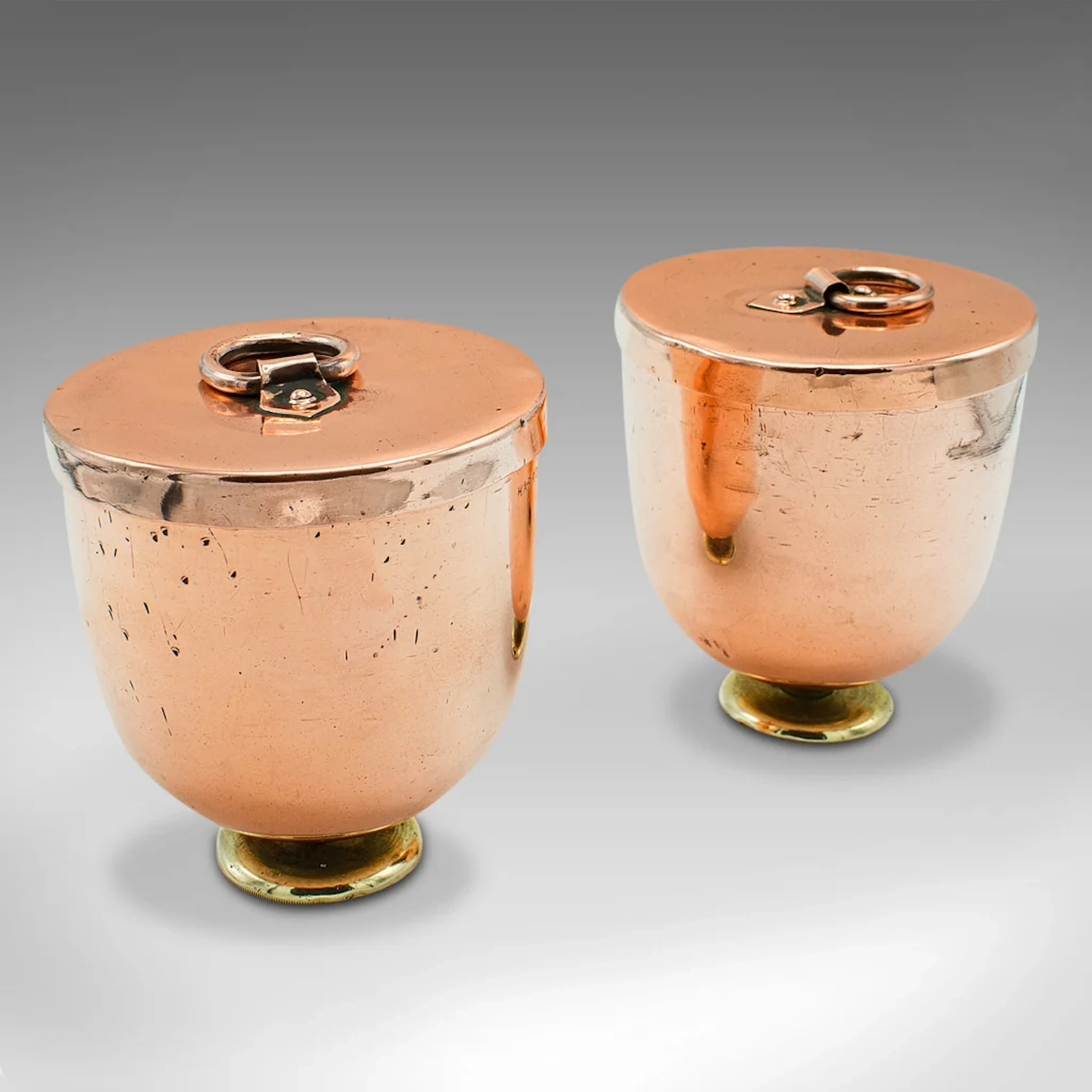 Pair Of Antique Ice Cream Moulds, English Copper Lidded Pots, Harrods