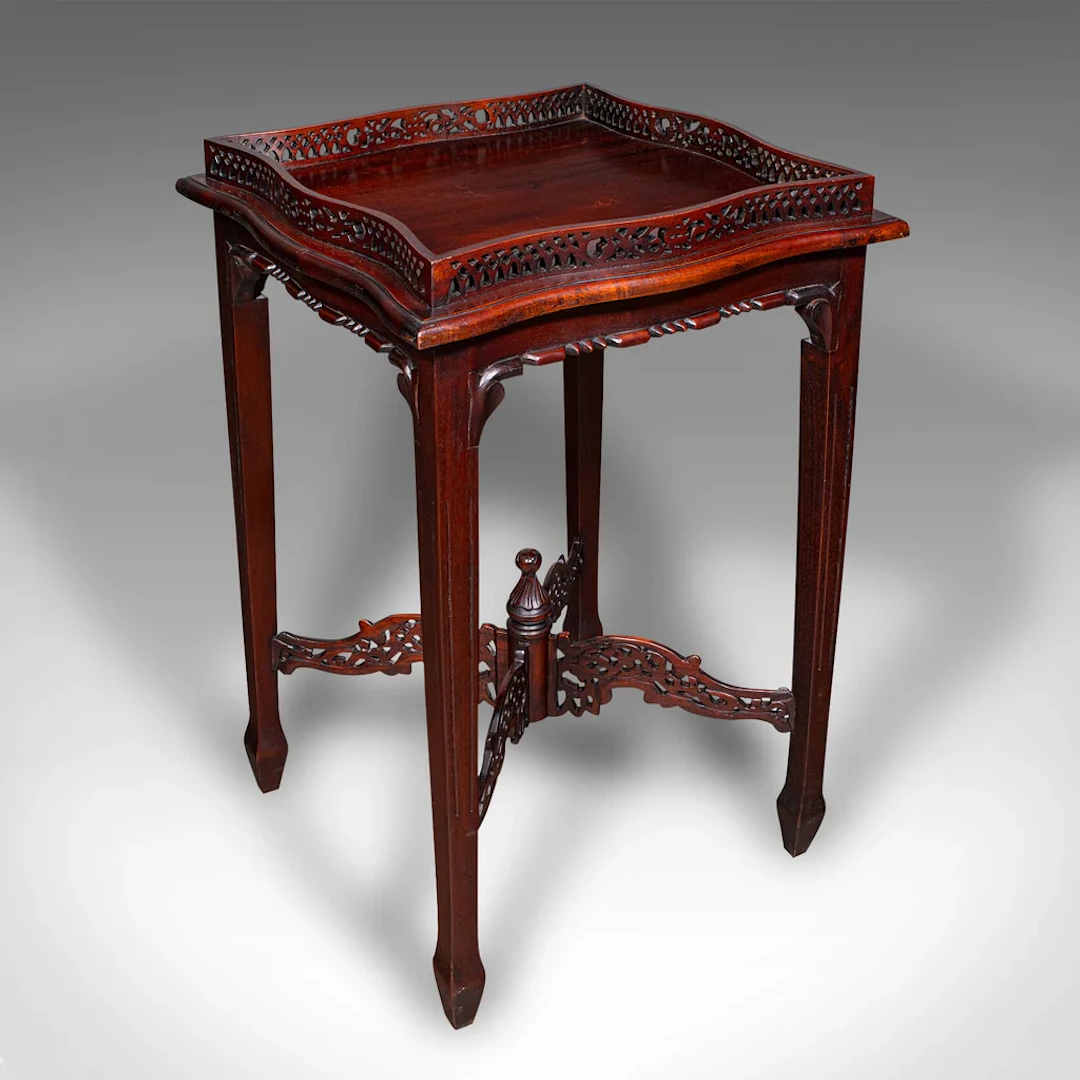 Vintage Silver Display Table, Oriental Mahogany, Side, Lamp, Chippendale