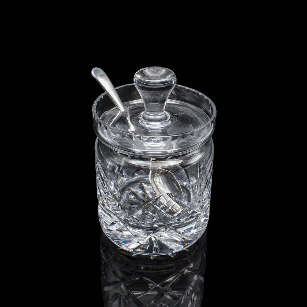 Vintage Jam Jar & Spoon, English Cut Glass Preserve Pot, Condiments