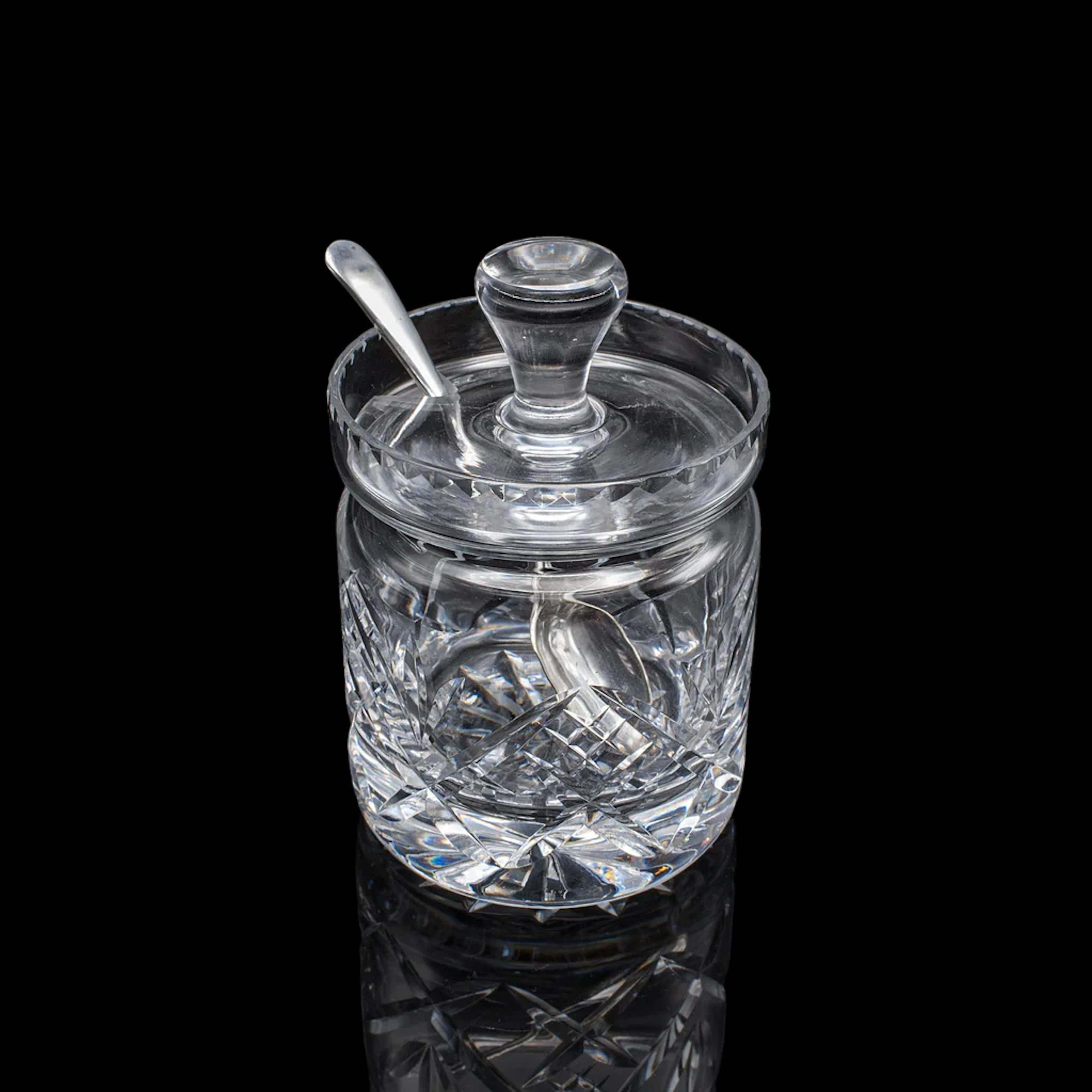 Vintage Jam Jar & Spoon, English Cut Glass Preserve Pot, Condiments
