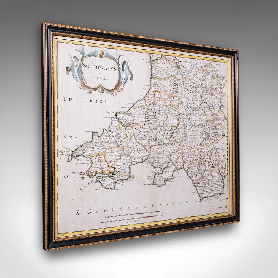 Antique South Wales Map, English, Framed, Robert Morden Cartography, Circa 1720